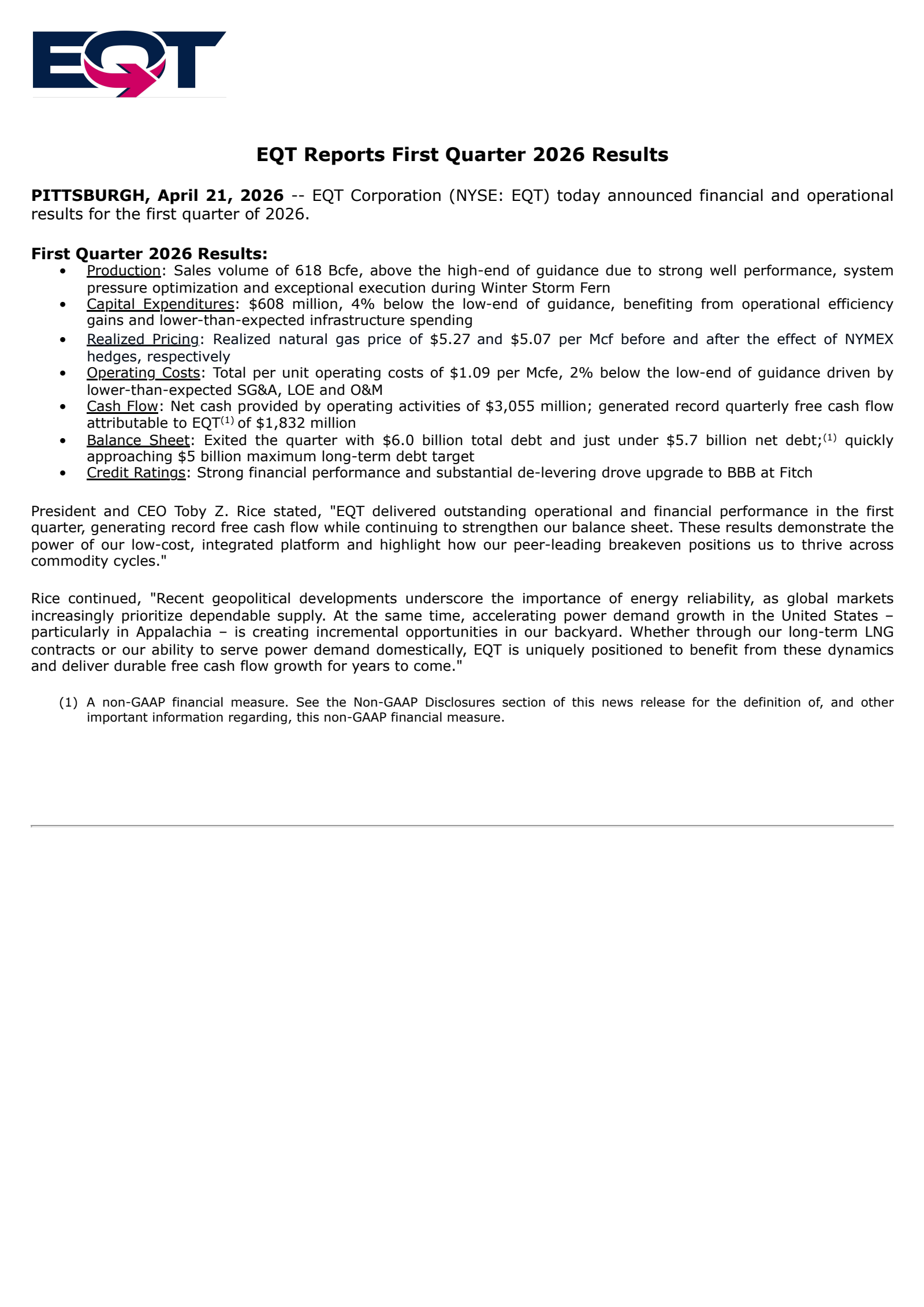 EQT's Q1 2026 Press Release