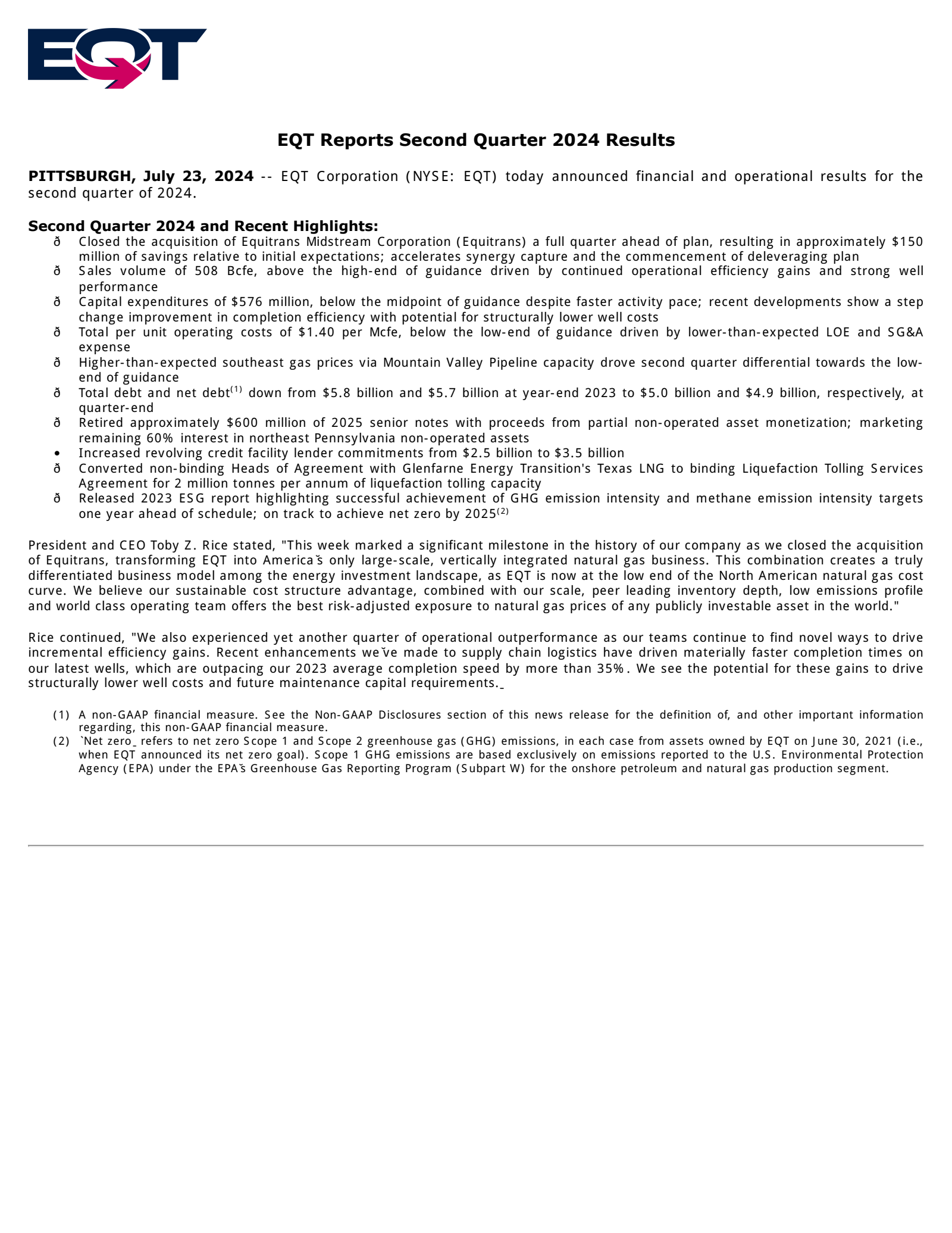 EQT's Q2 2024 Press Release