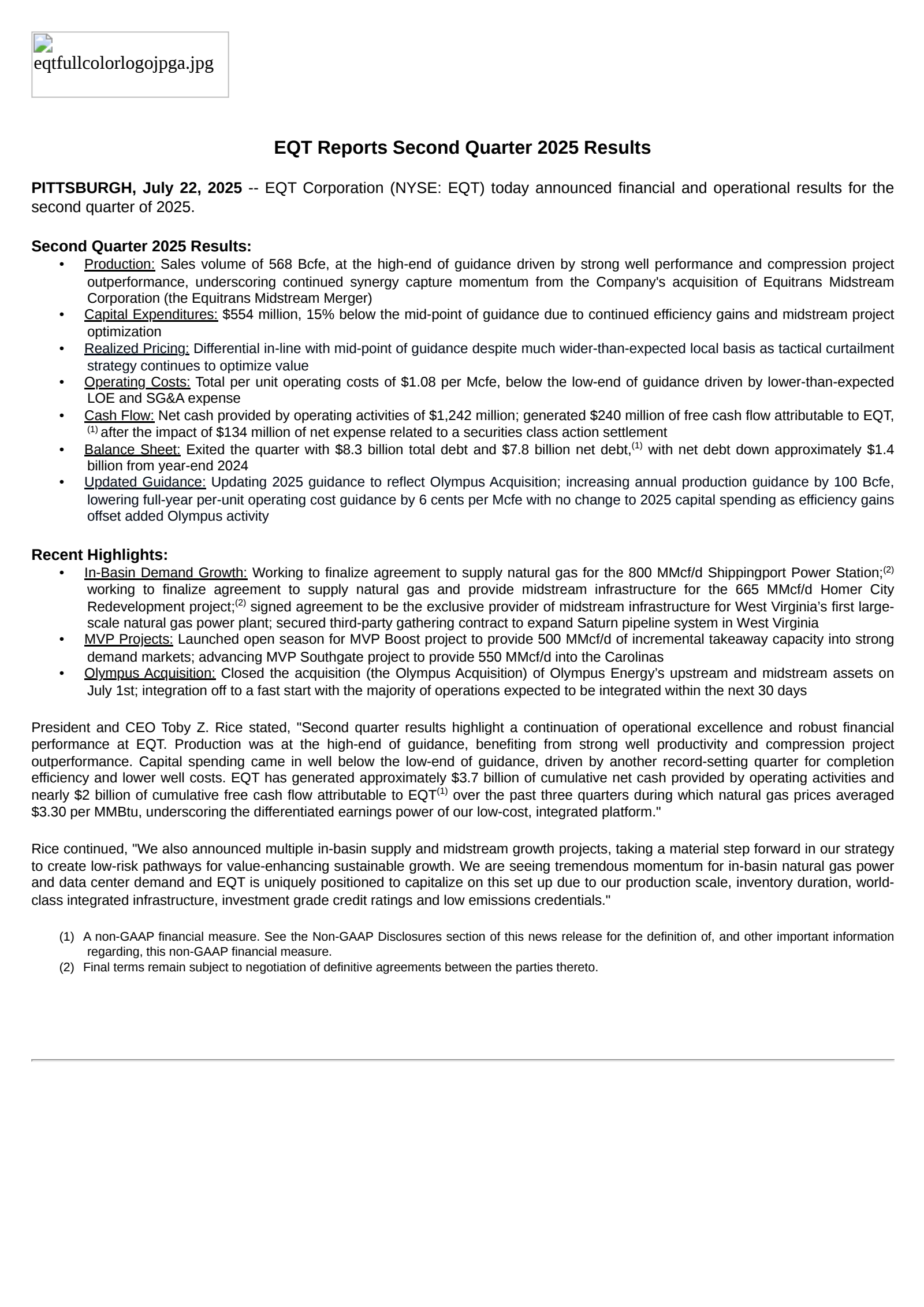 EQT's Q2 2025 Press Release