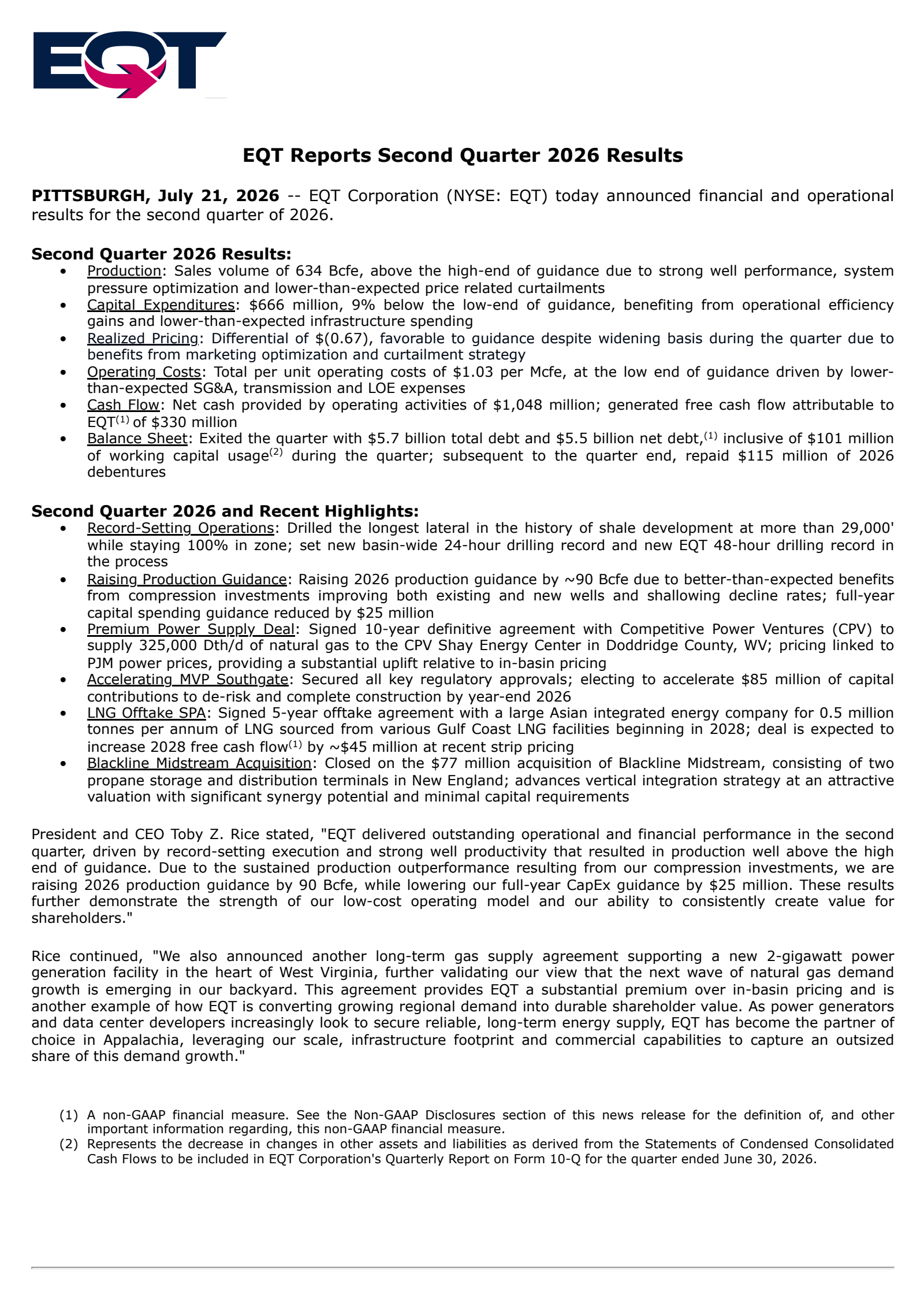 EQT's Q2 2026 Press Release