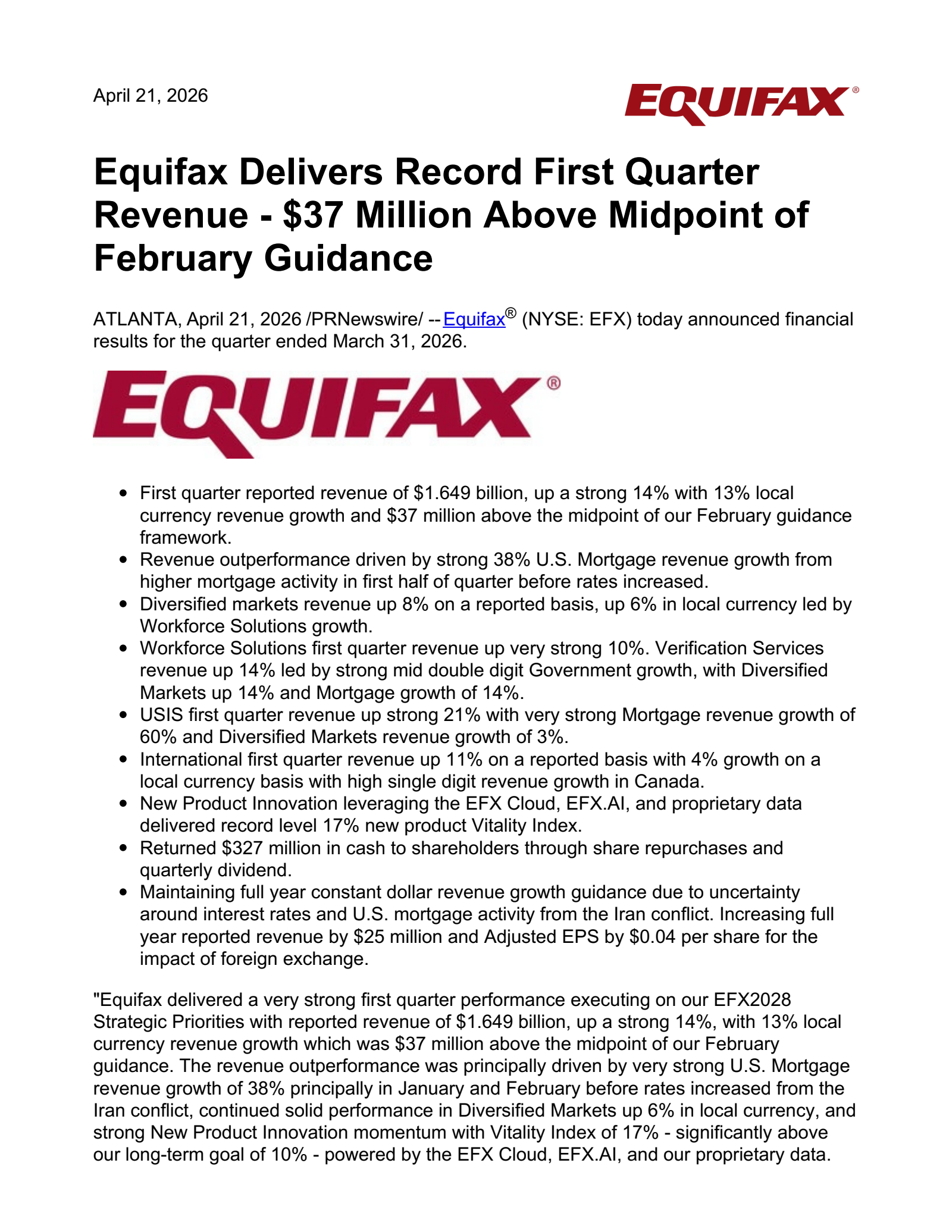 Equifax's Q1 2026 Press Release
