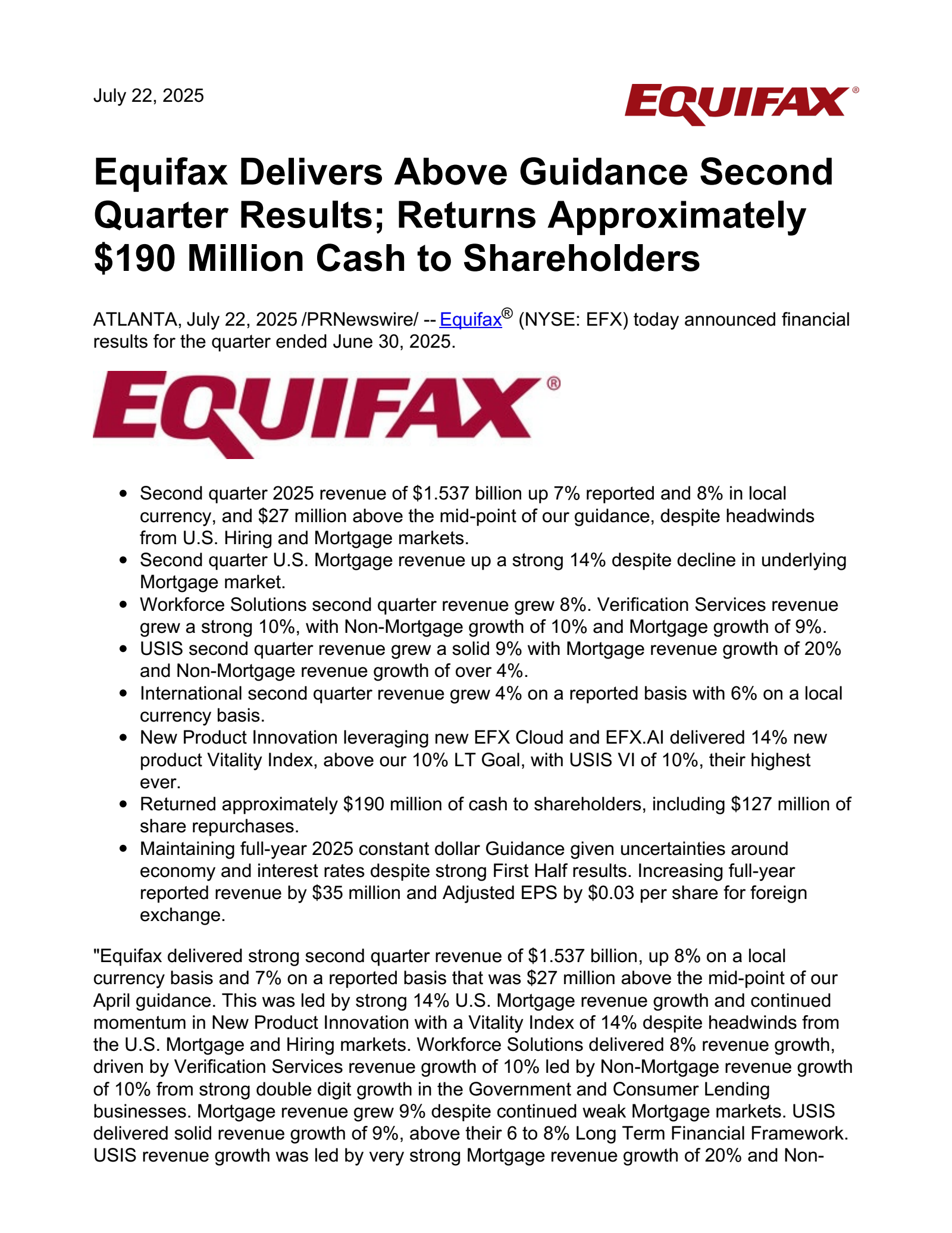 Equifax's Q2 2025 Press Release