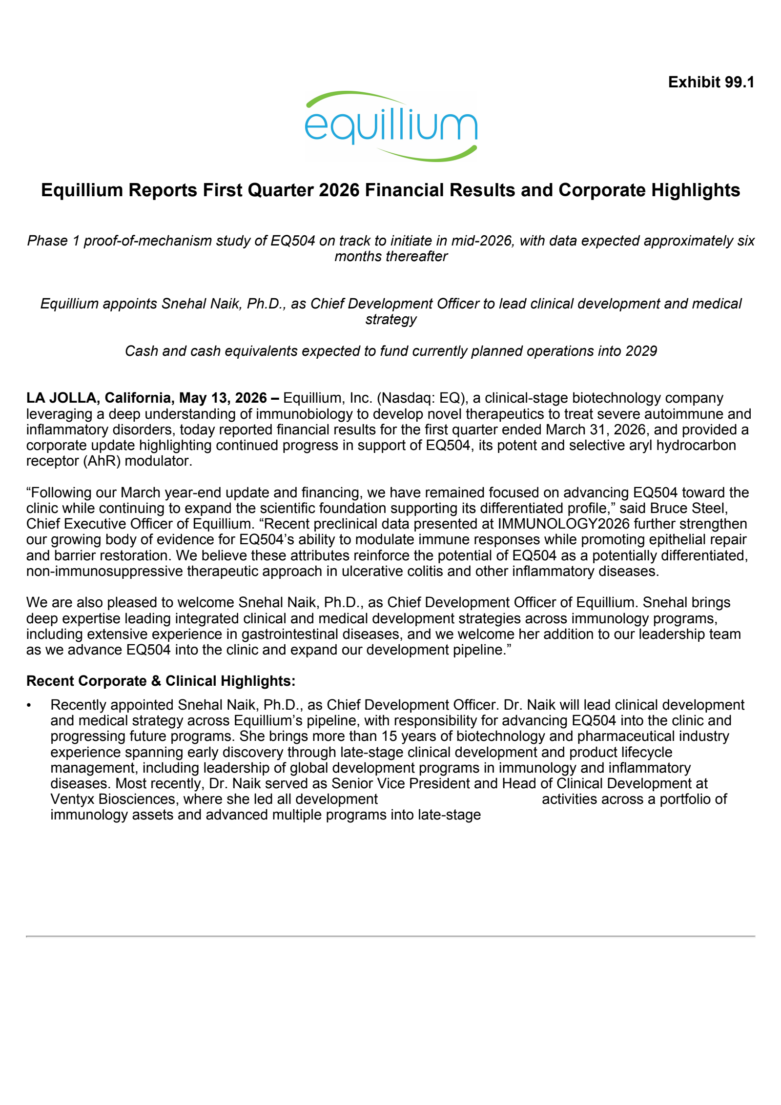 Equillium's Q1 2026 Press Release