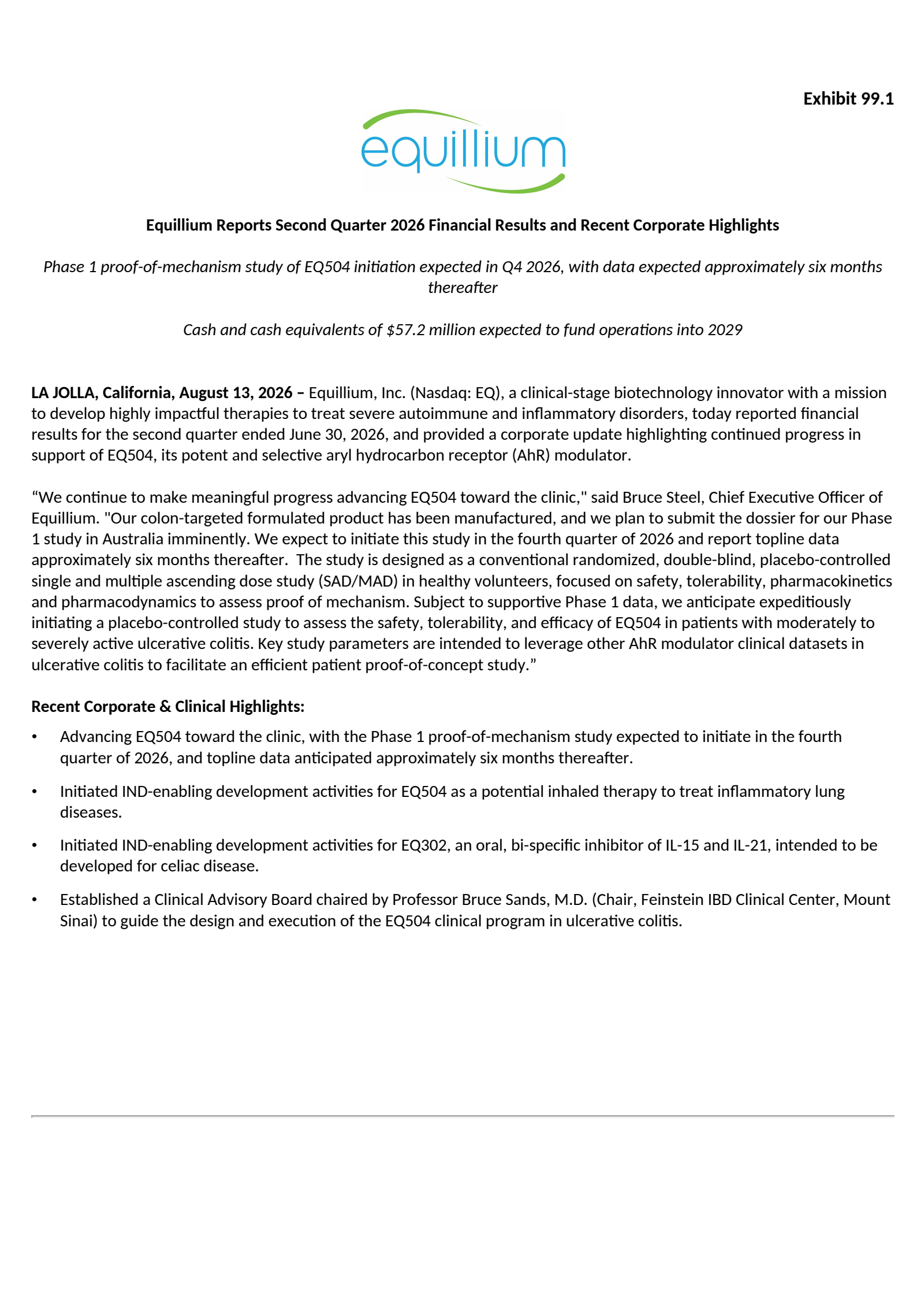 Equillium's Q2 2026 Press Release