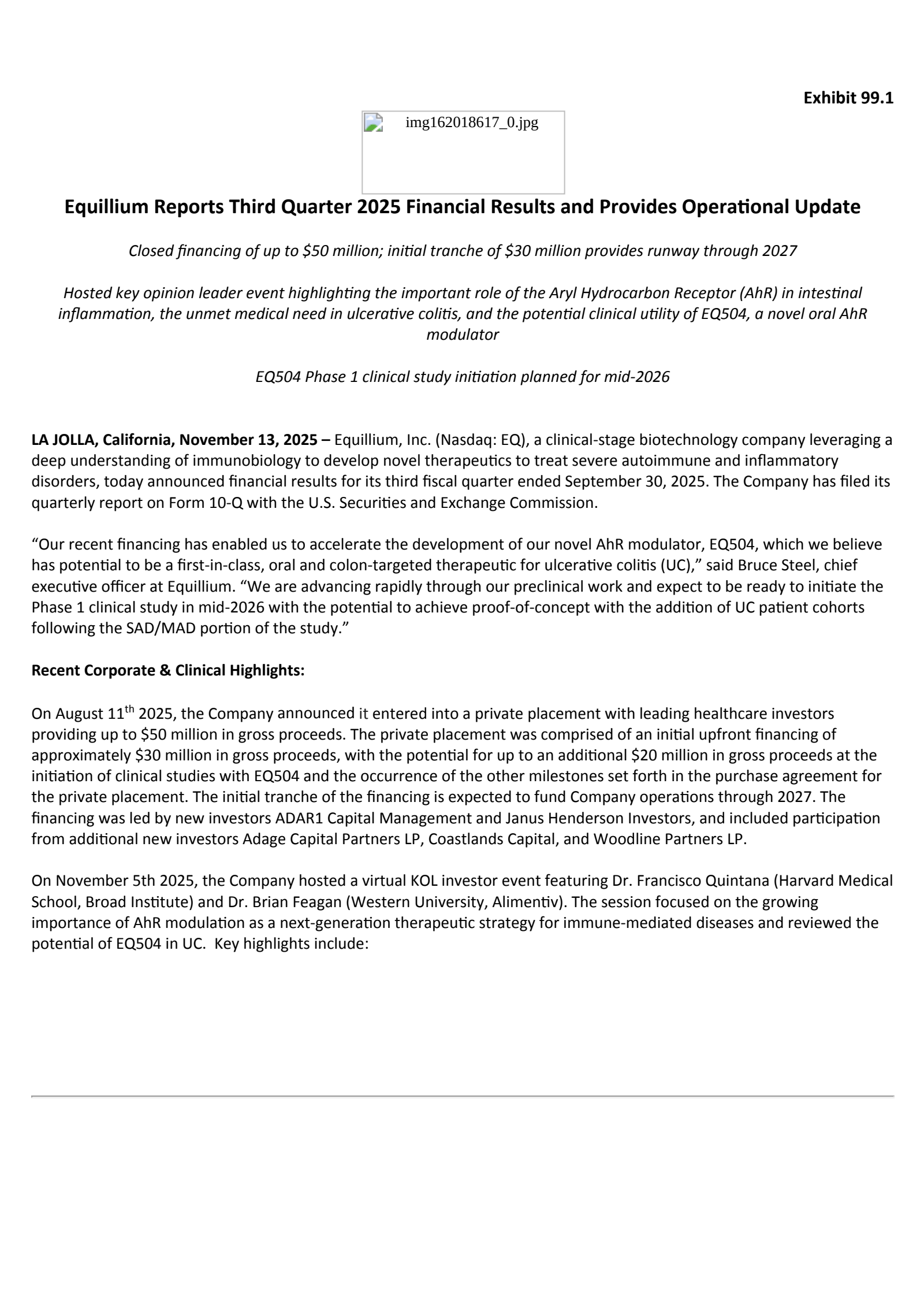 Equillium's Q3 2025 Earnings Release