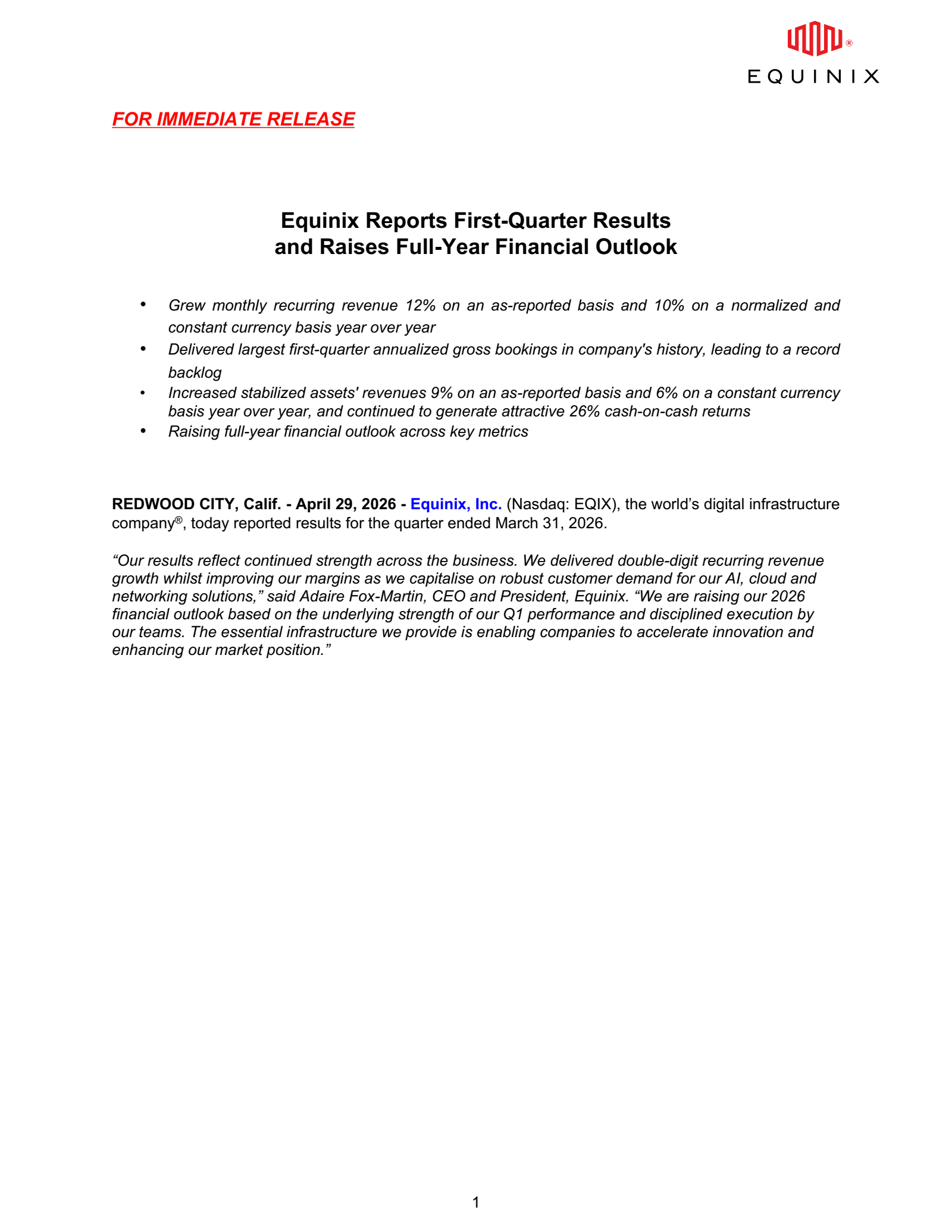 Equinix's Q1 2026 Press Release