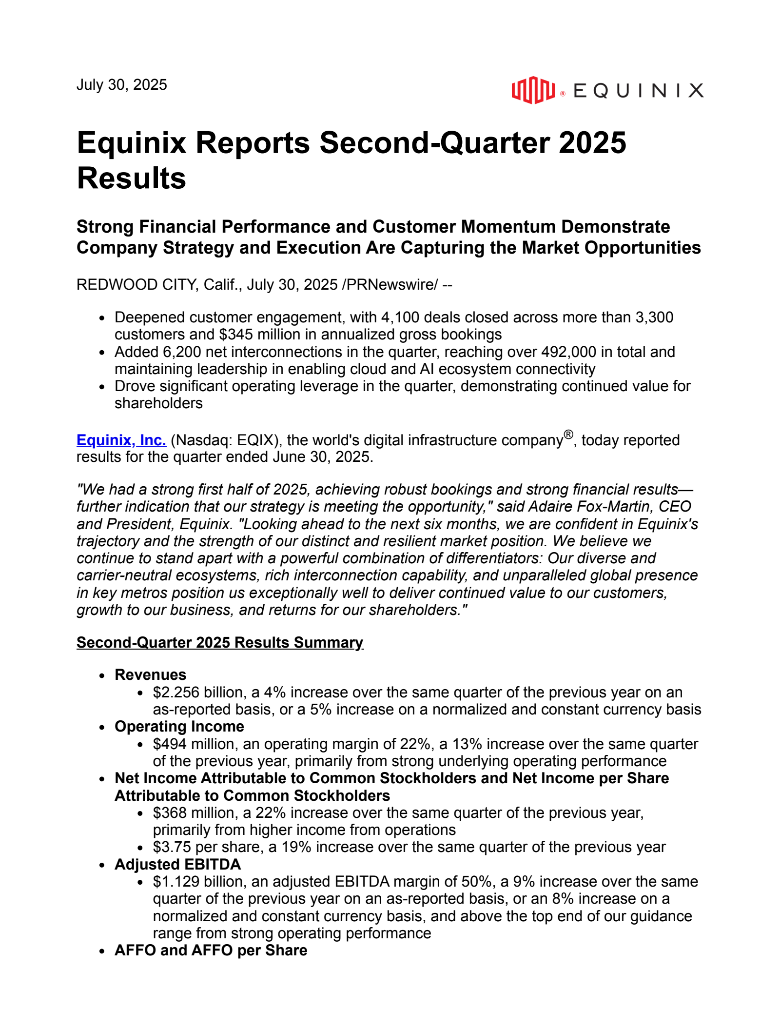 Equinix's Q2 2025 Press Release