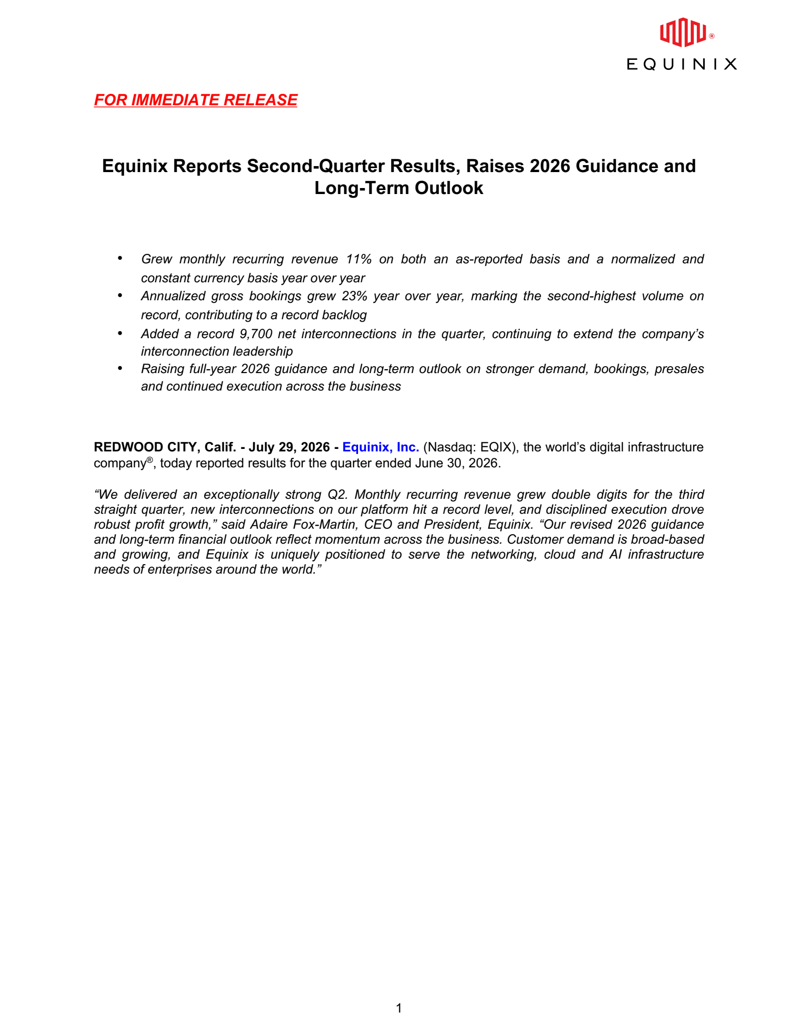 Equinix's Q2 2026 Press Release