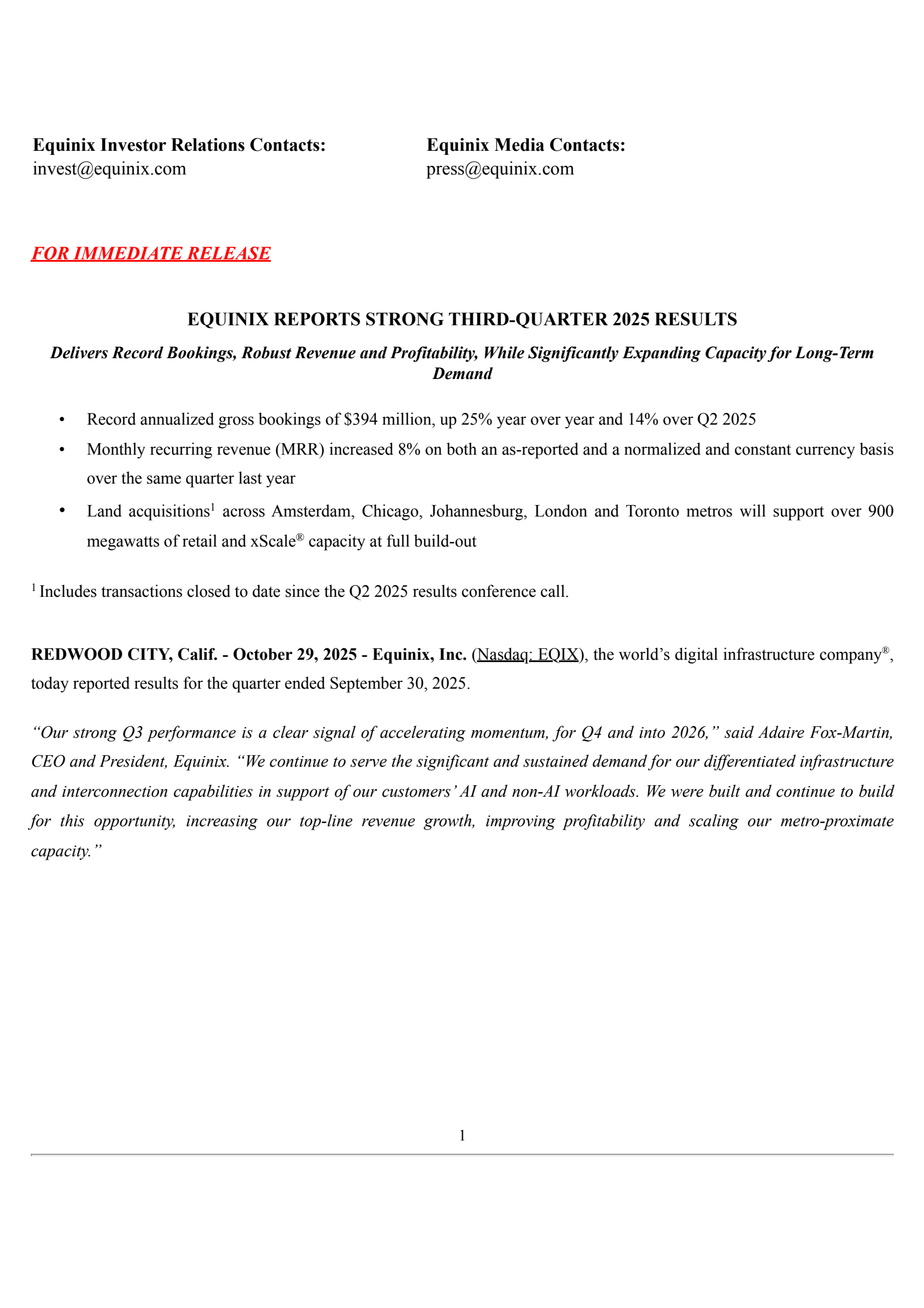 Equinix's Q3 2025 Earnings Release