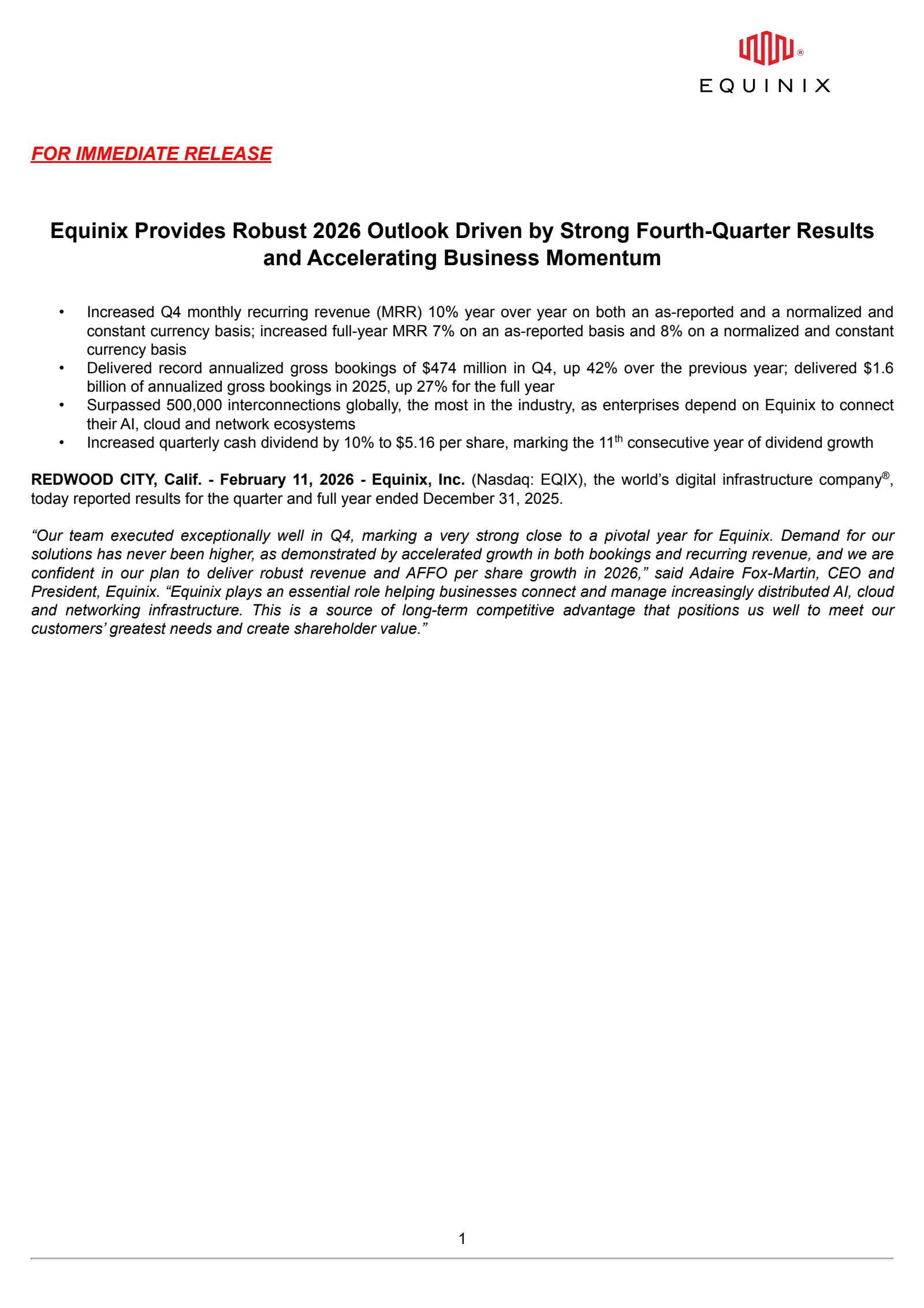 Equinix's Q4 2025 Press Release