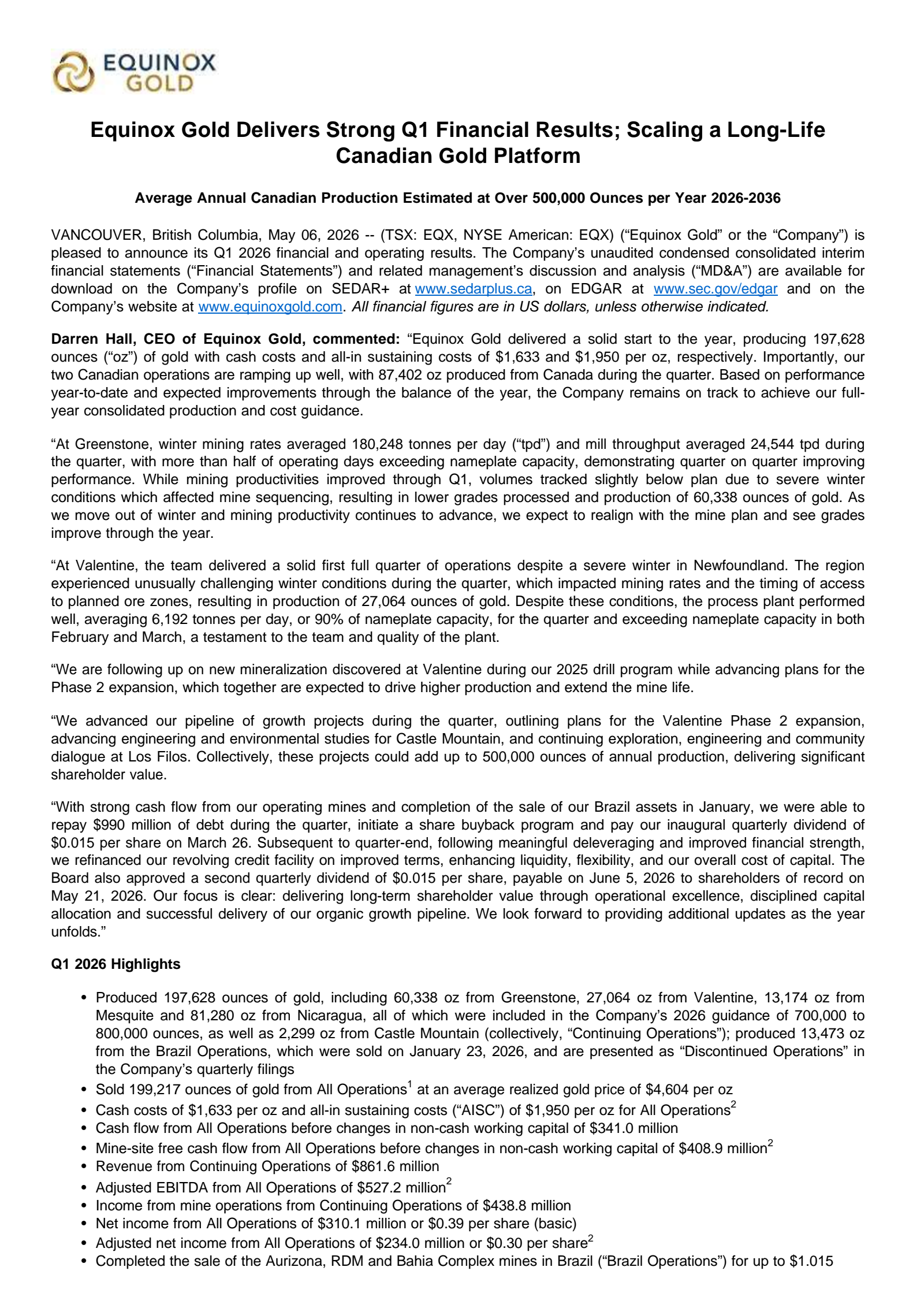 Equinox Gold's Q1 2026 Press Release