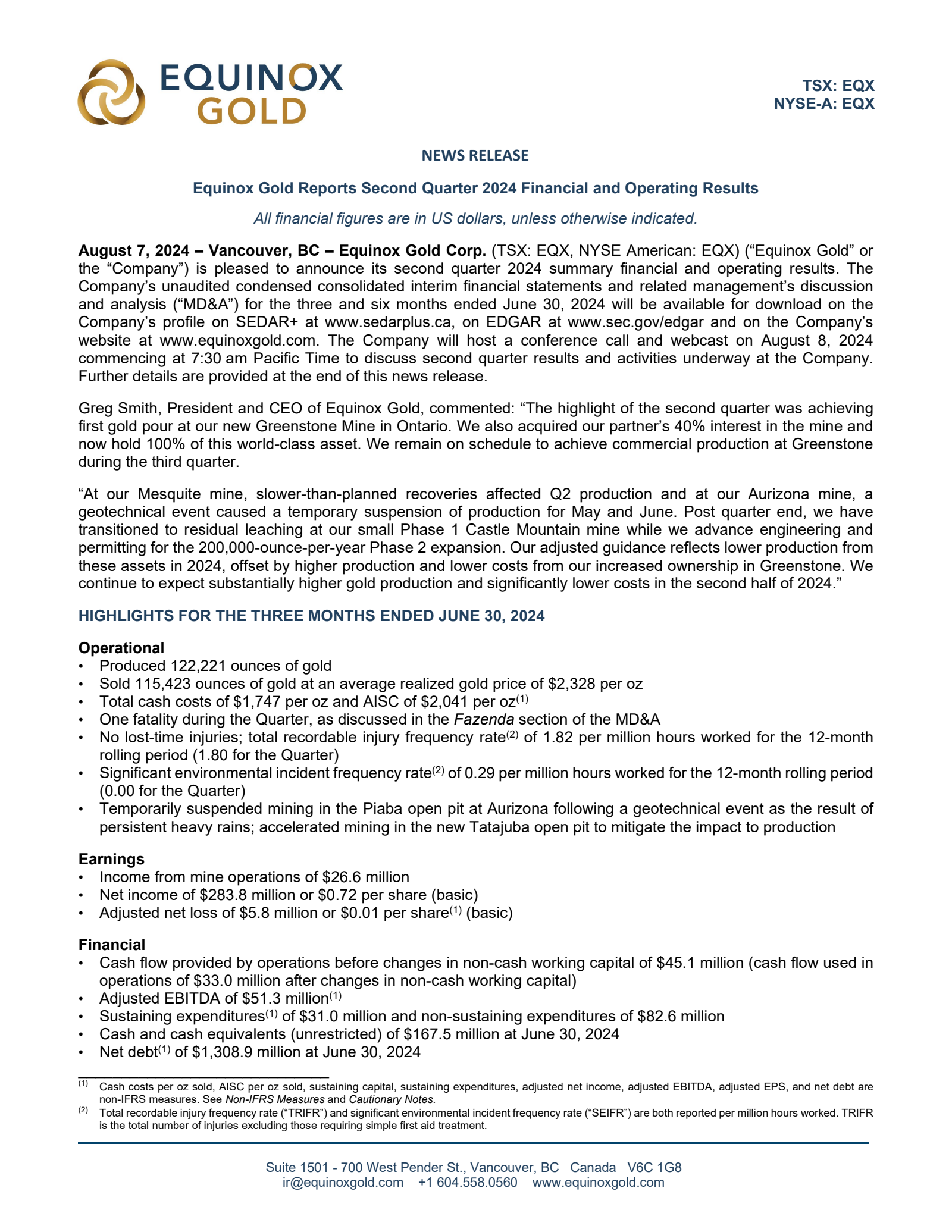 Equinox Gold's Q2 2024 Press Release