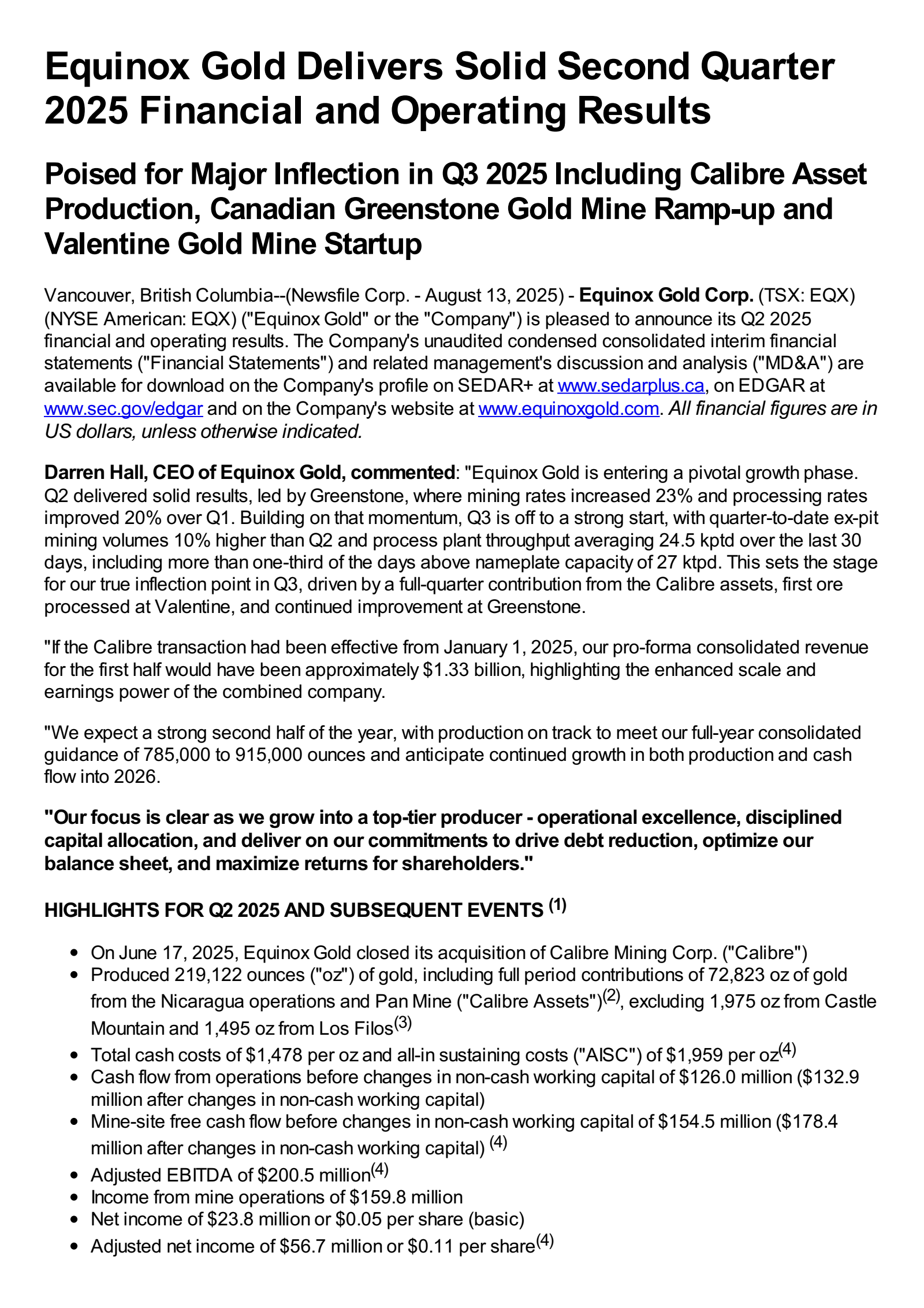 Equinox Gold's Q2 2025 Press Release