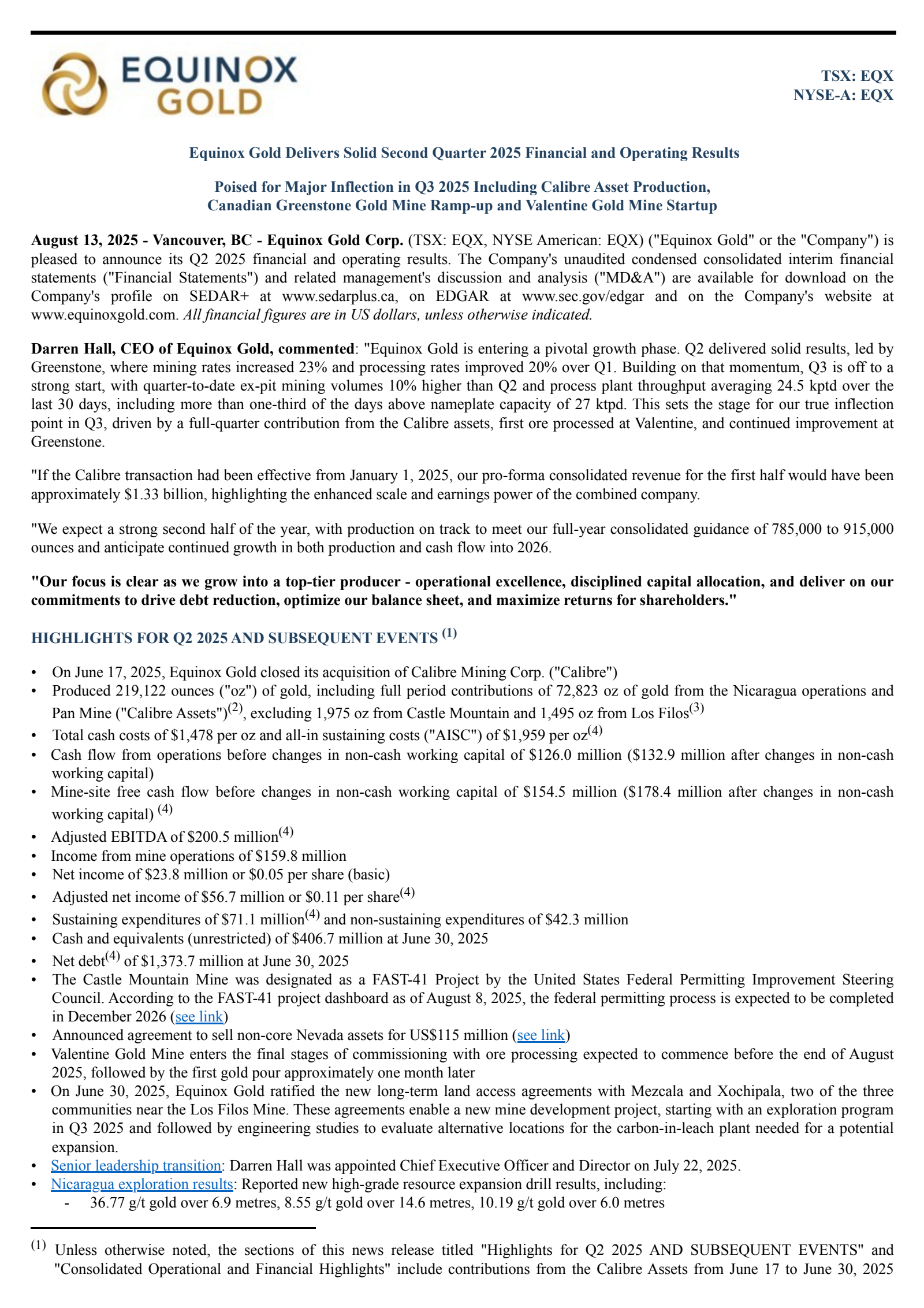 Equinox Gold's Q2 2025 Press Release
