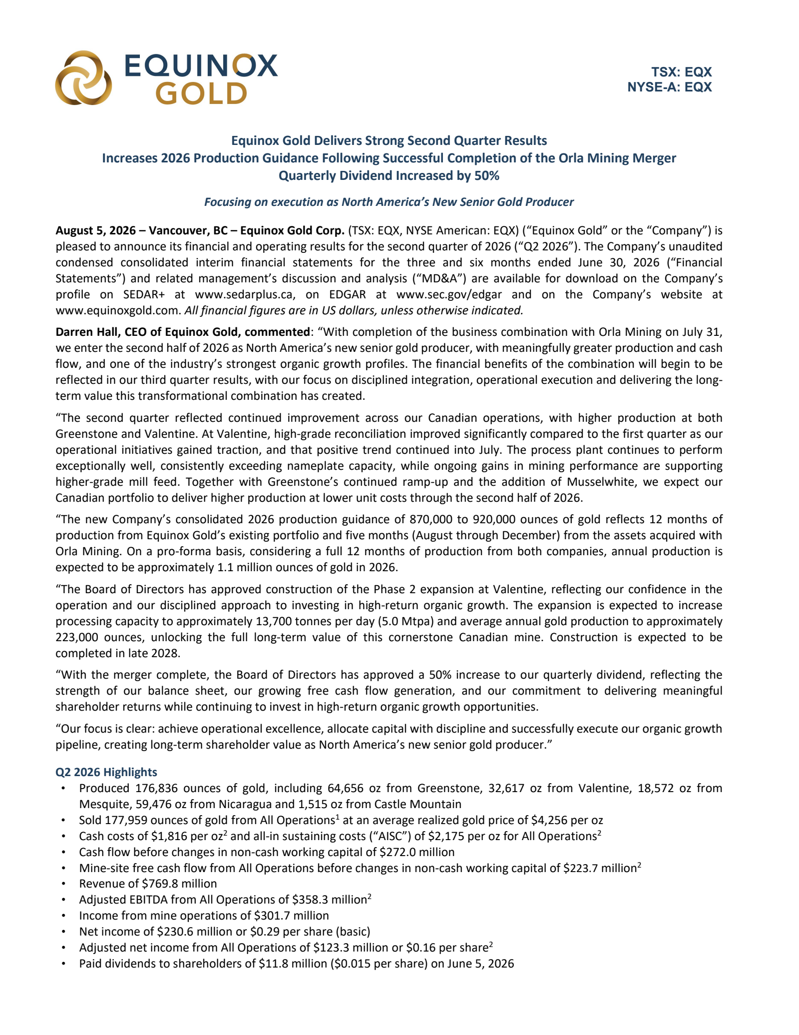 Equinox Gold's Q2 2026 Press Release