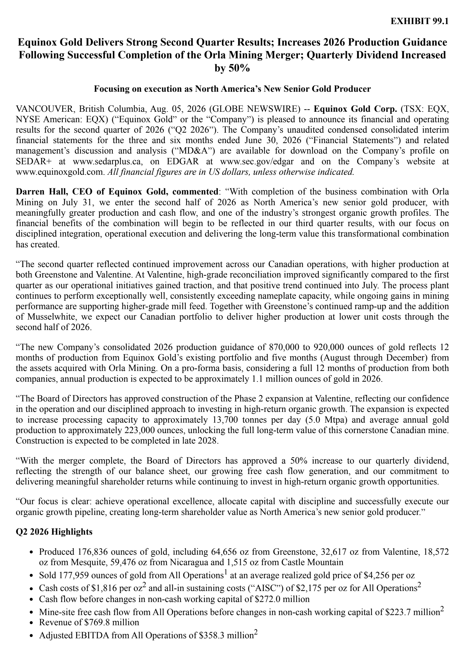 Equinox Gold's Q2 2026 Press Release
