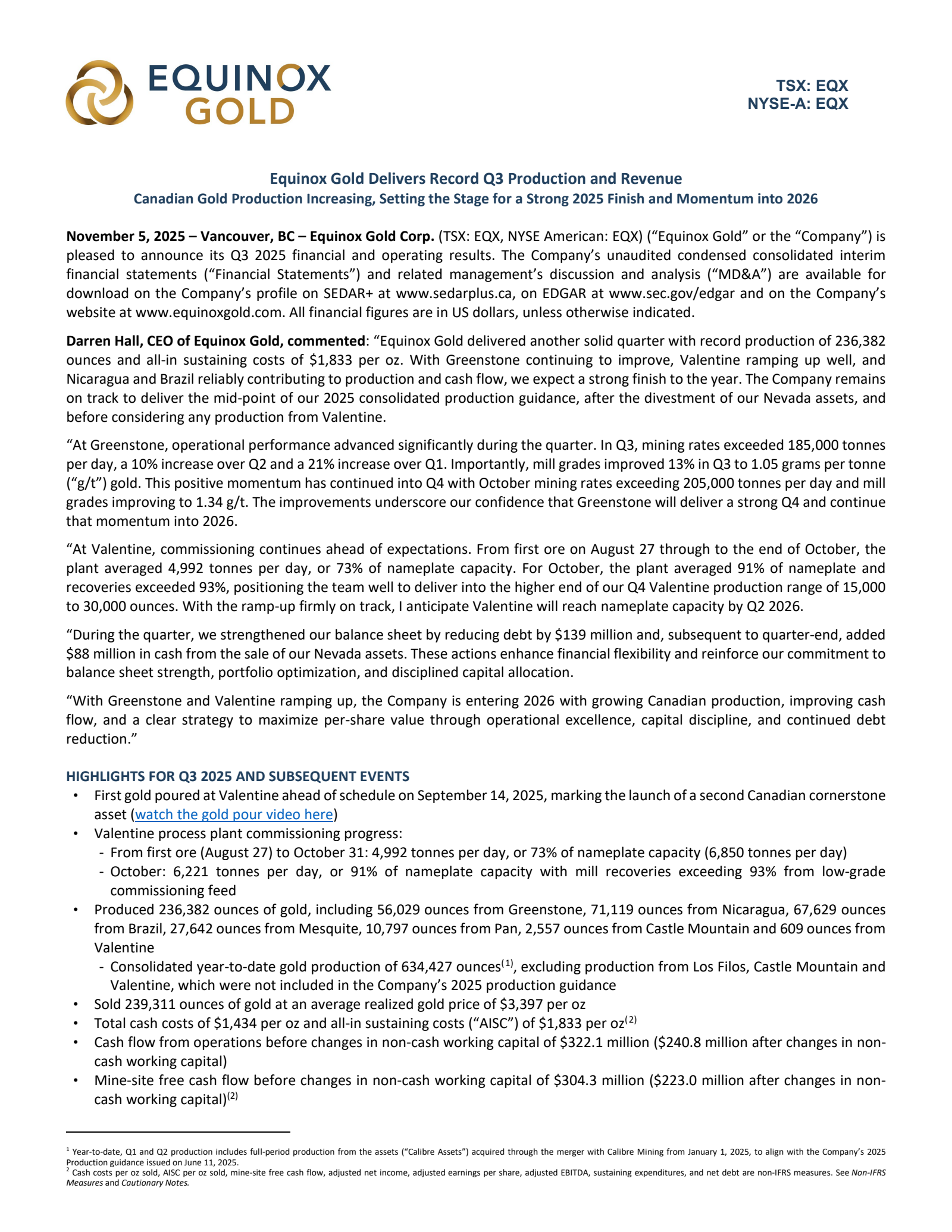 Equinox Gold's Q3 2025 Press Release