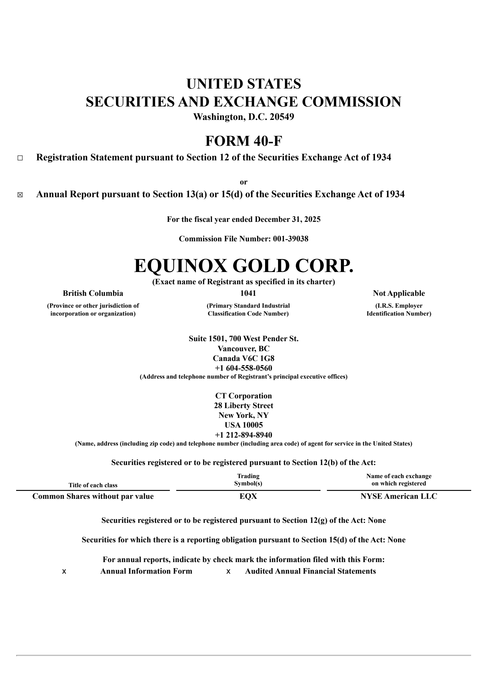 Equinox Gold's Q4 2025 Annual report
