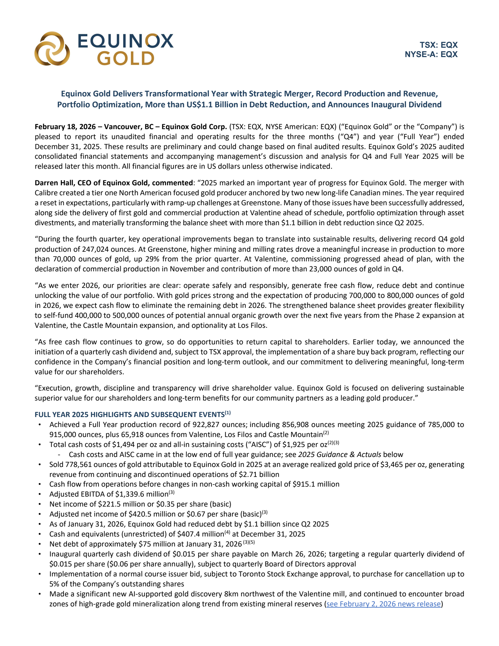 Equinox Gold's Q4 2025 Press Release