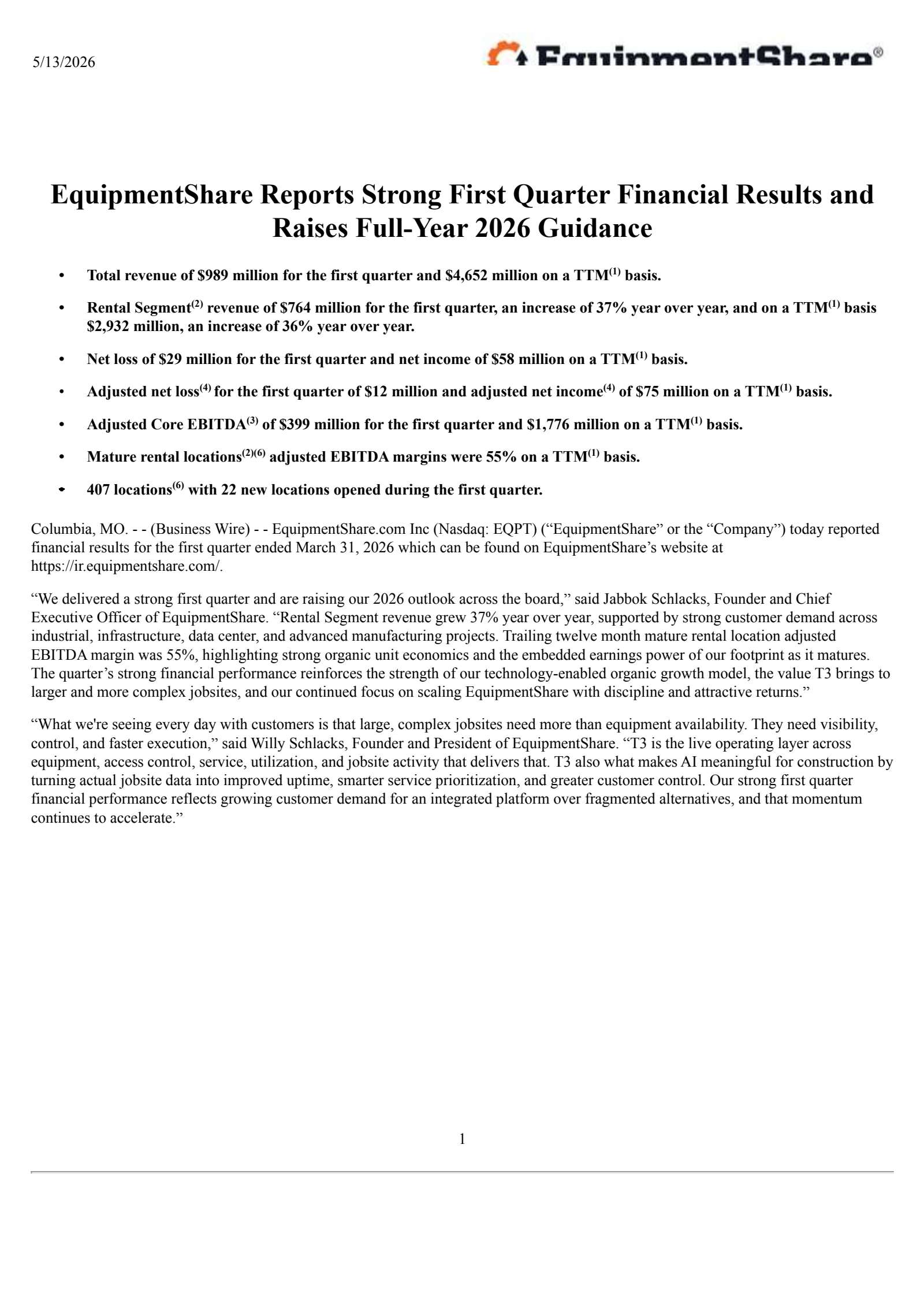 EquipmentShare.com's Q1 2026 Press Release