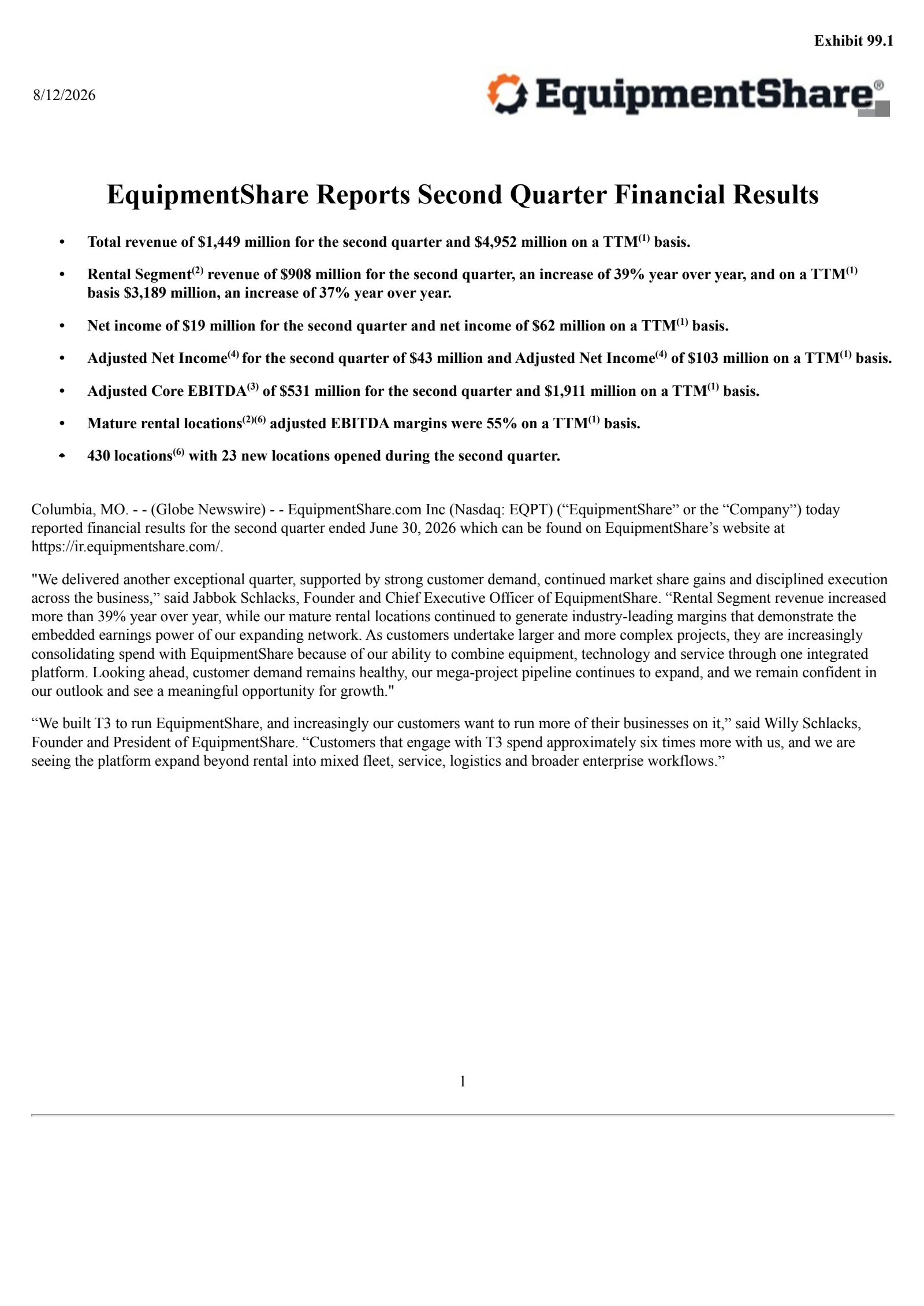 EquipmentShare.com's Q2 2026 Press Release
