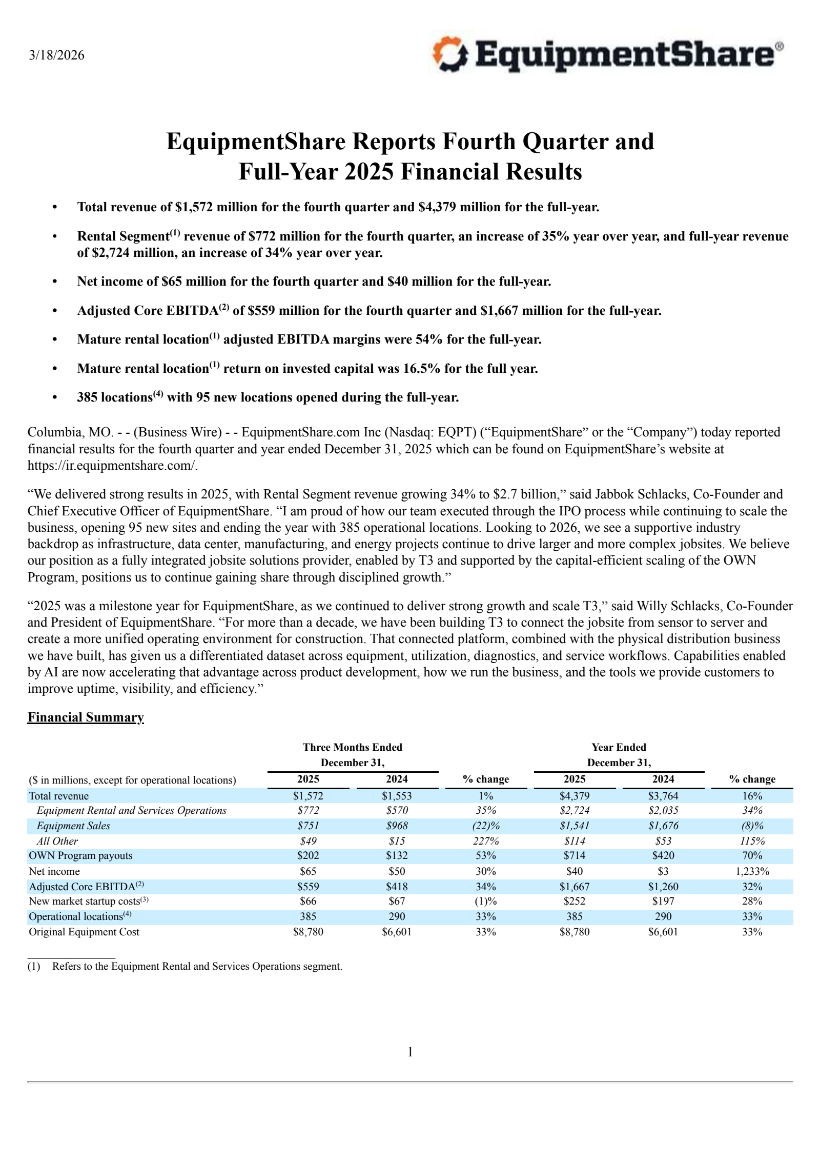 EquipmentShare.com's Q4 2025 Press Release