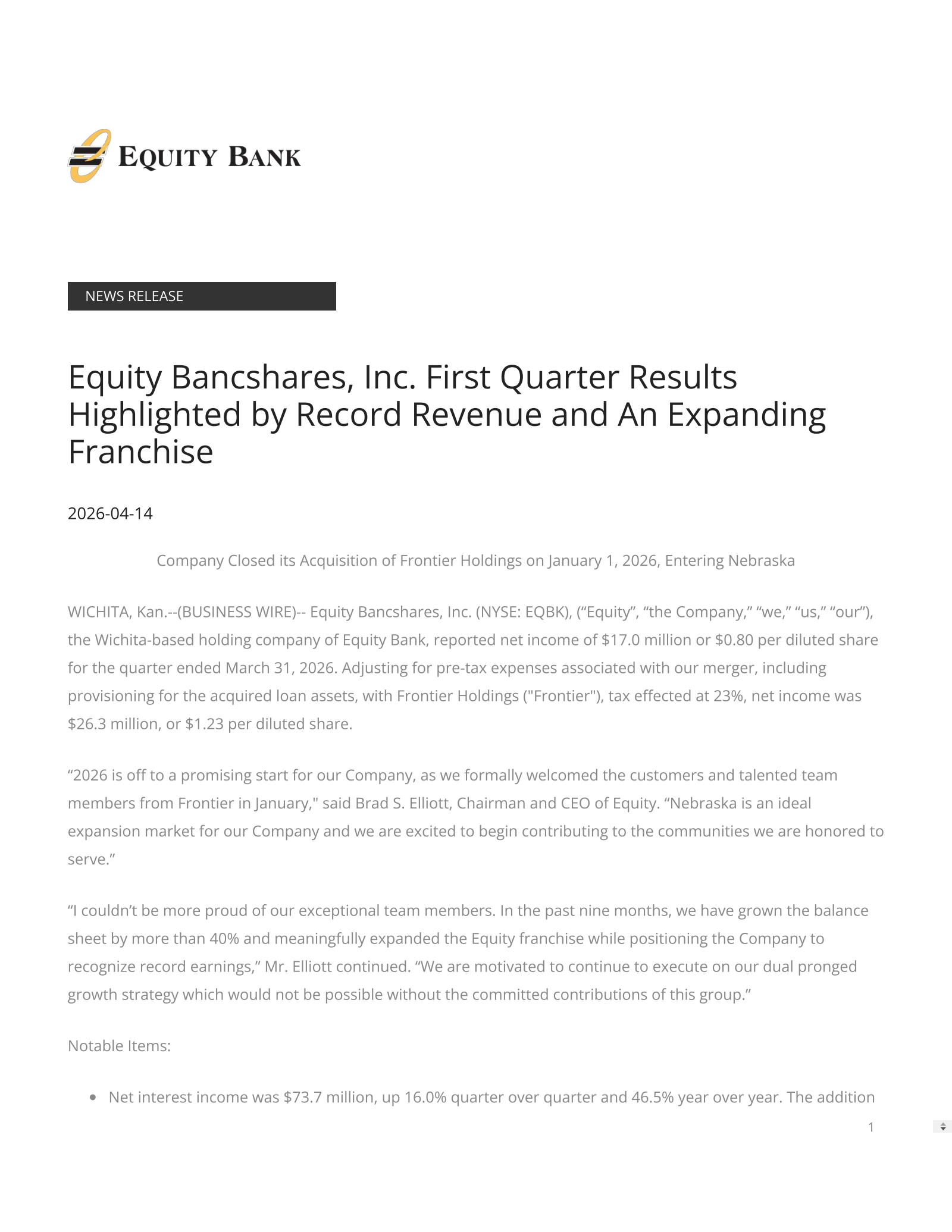 Equity Bancshares' Q1 2026 Press Release