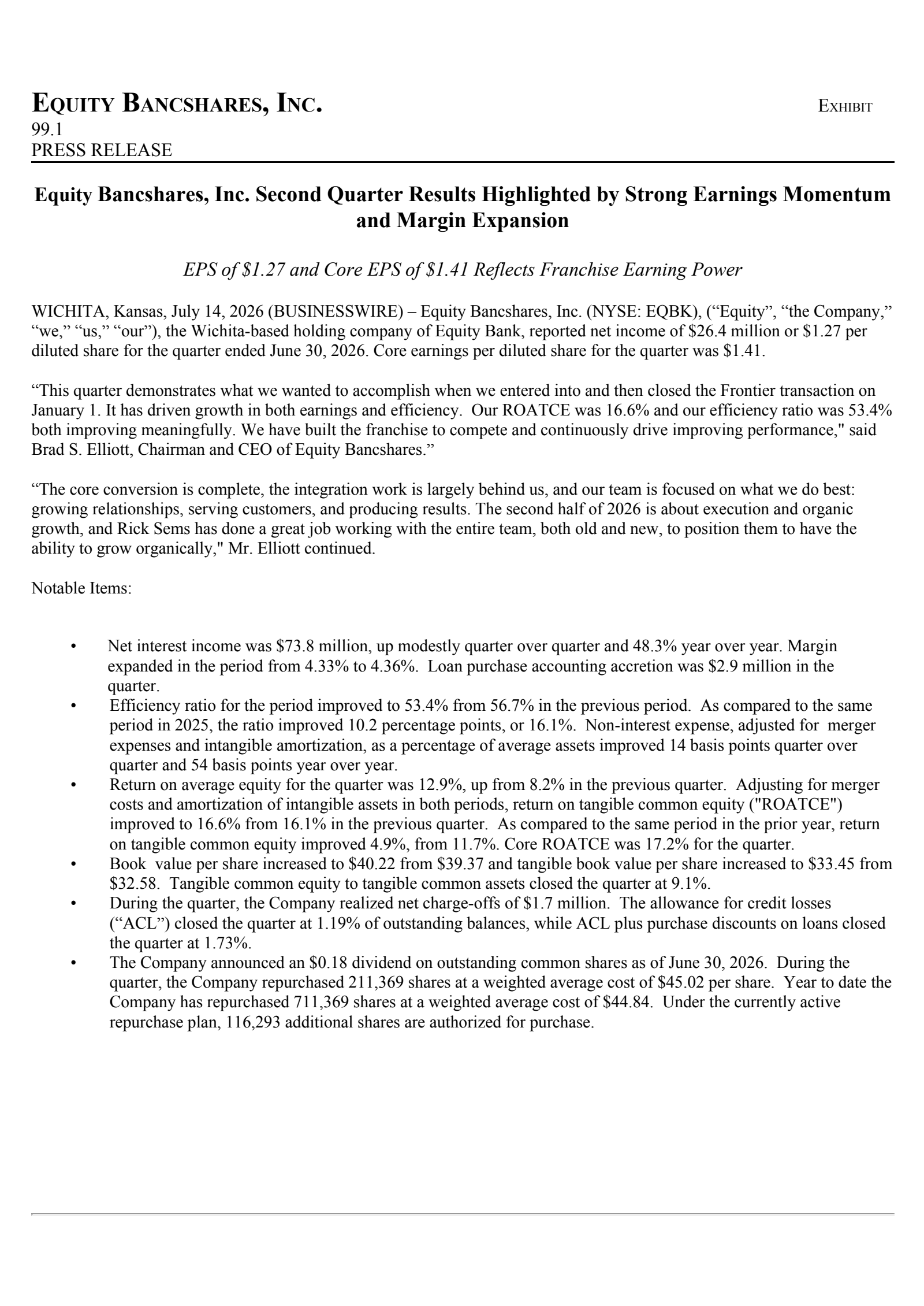Equity Bancshares' Q2 2026 Press Release
