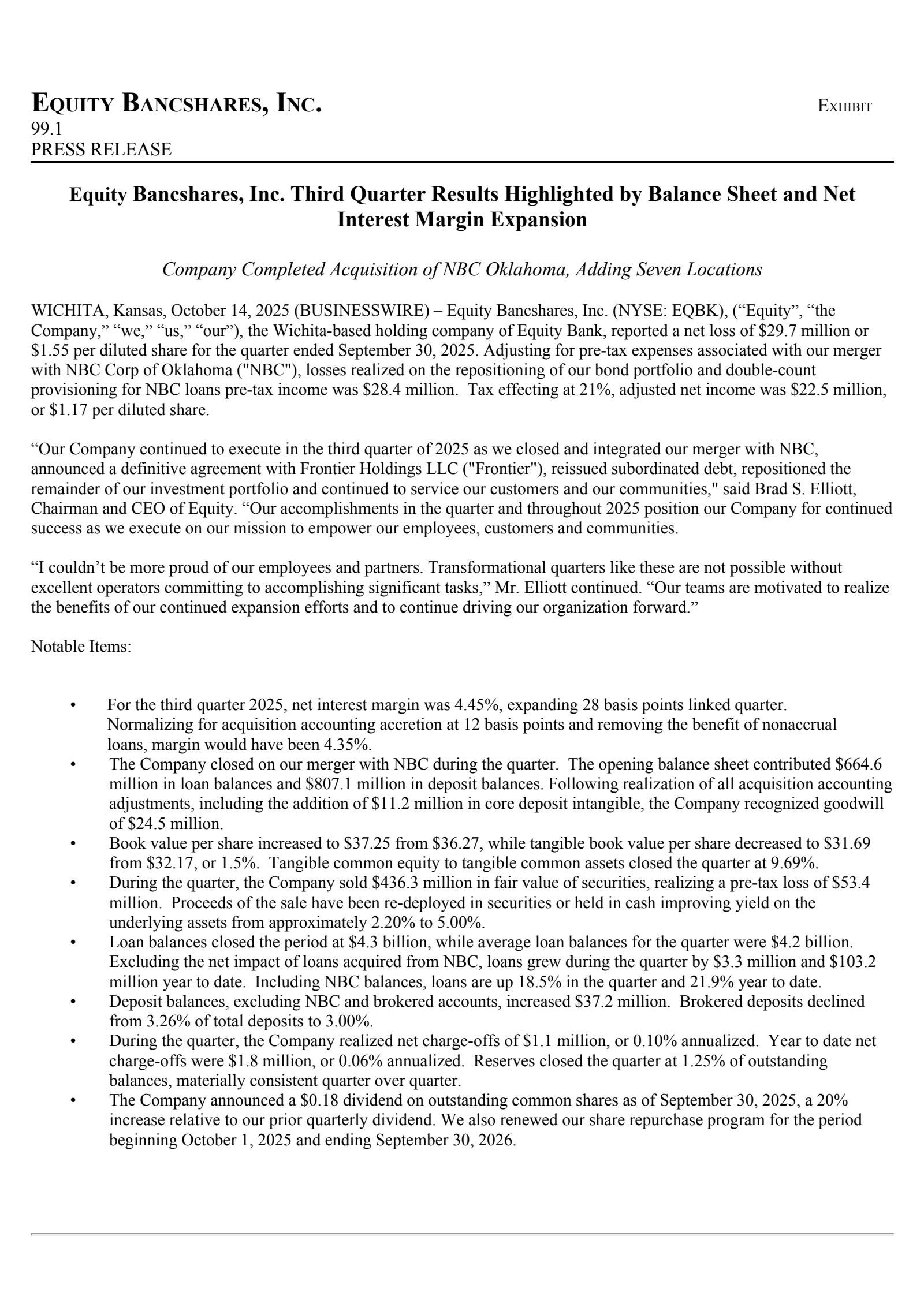 Equity Bancshares' Q3 2025 Earnings Release