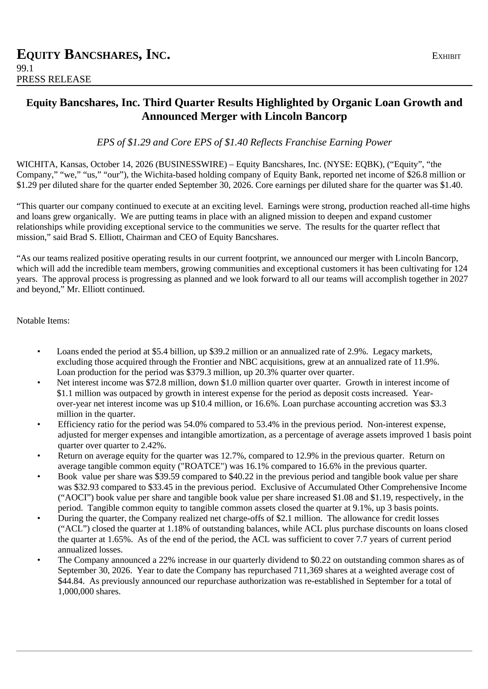 Equity Bancshares' Q3 2026 Press Release