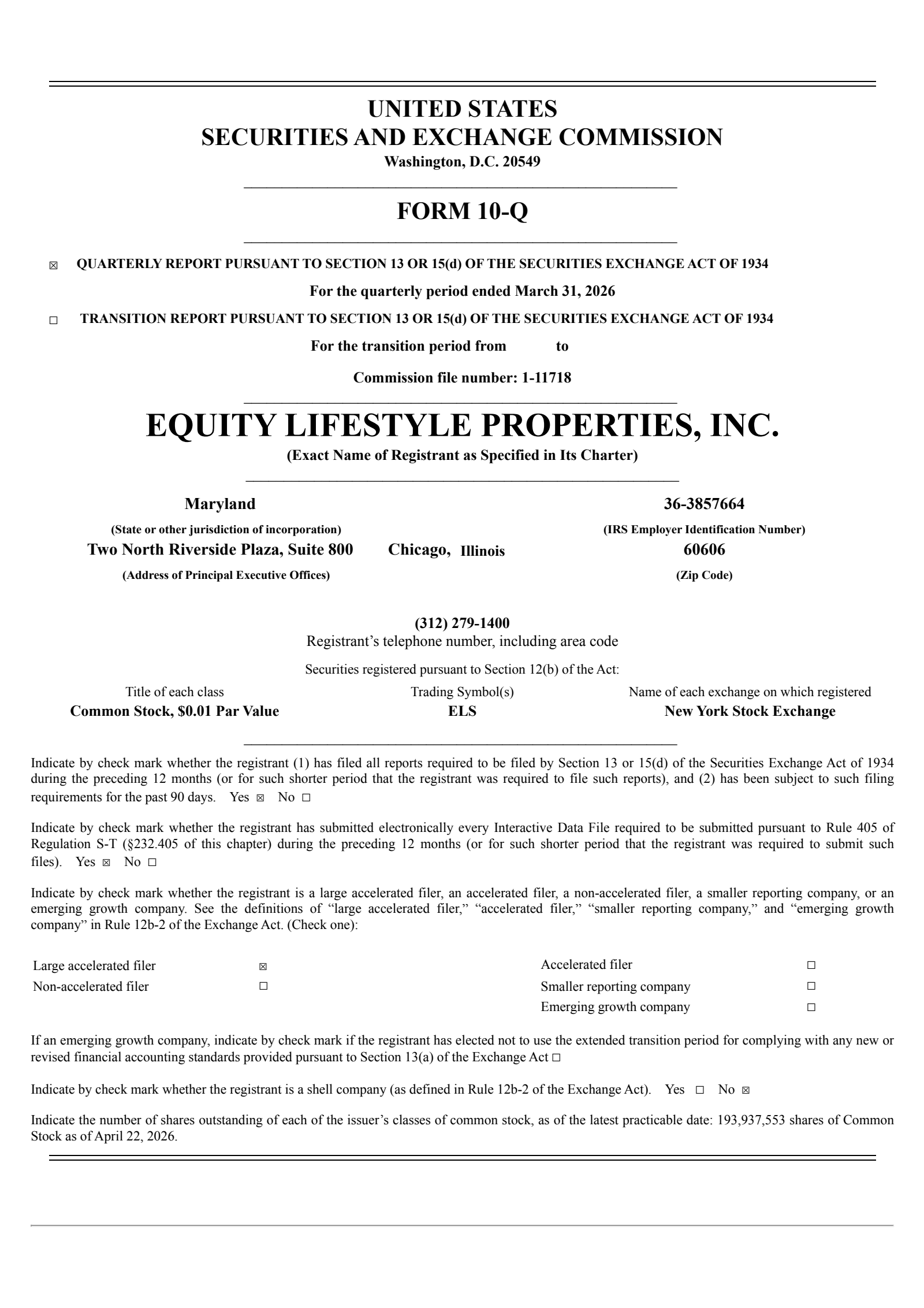 Equity Lifestyle Properties' Q1 2026 Quarterly report