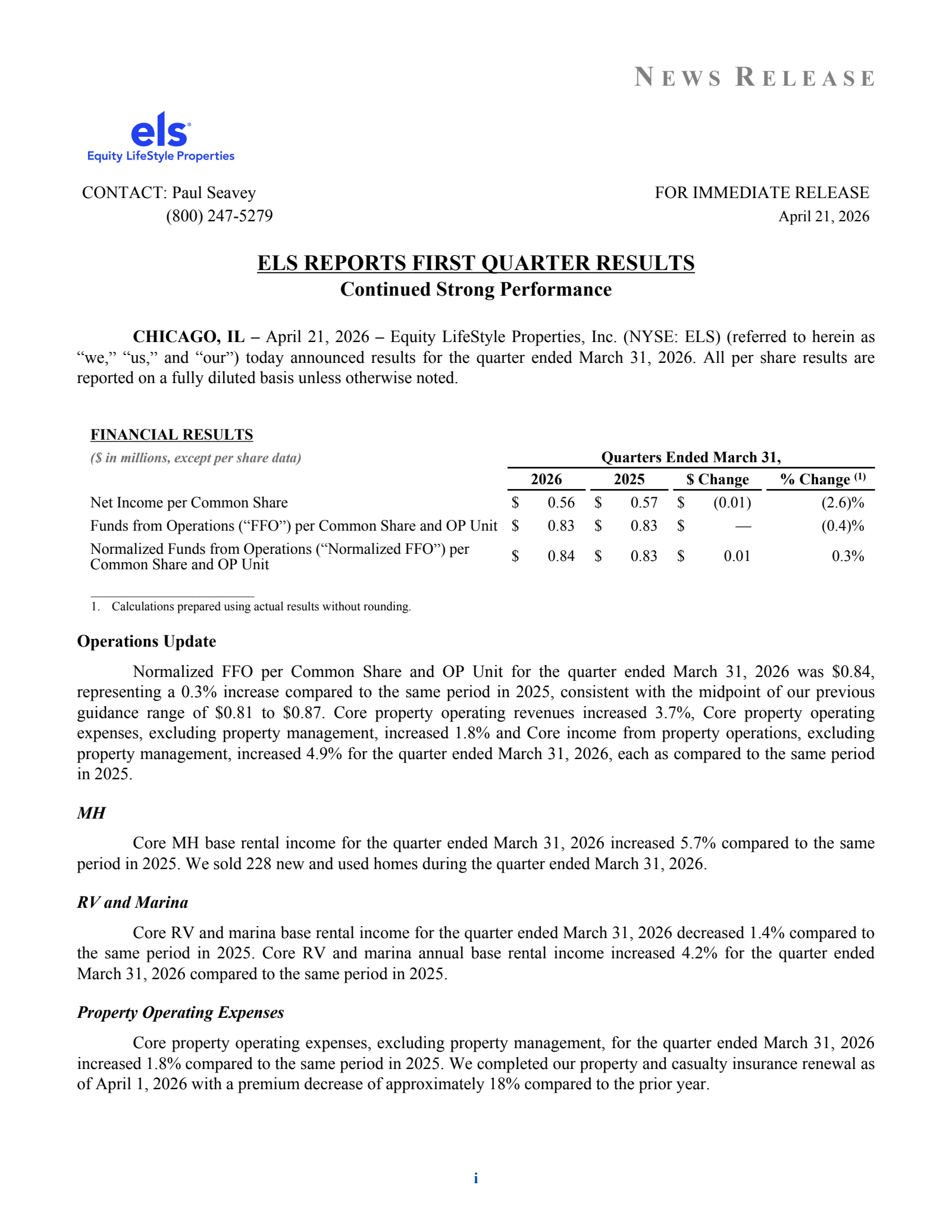 Equity Lifestyle Properties' Q1 2026 Press Release