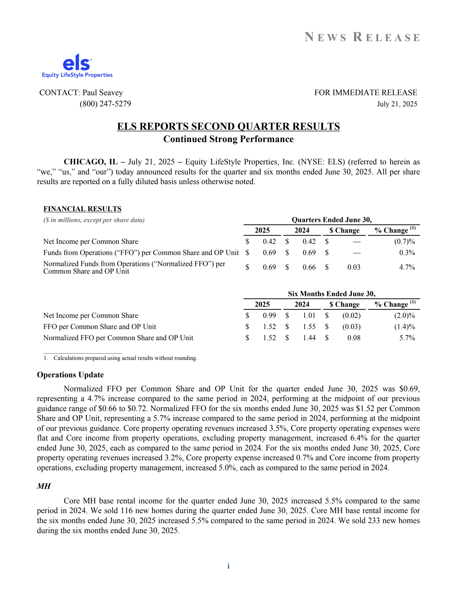 Equity Lifestyle Properties' Q2 2025 Press Release