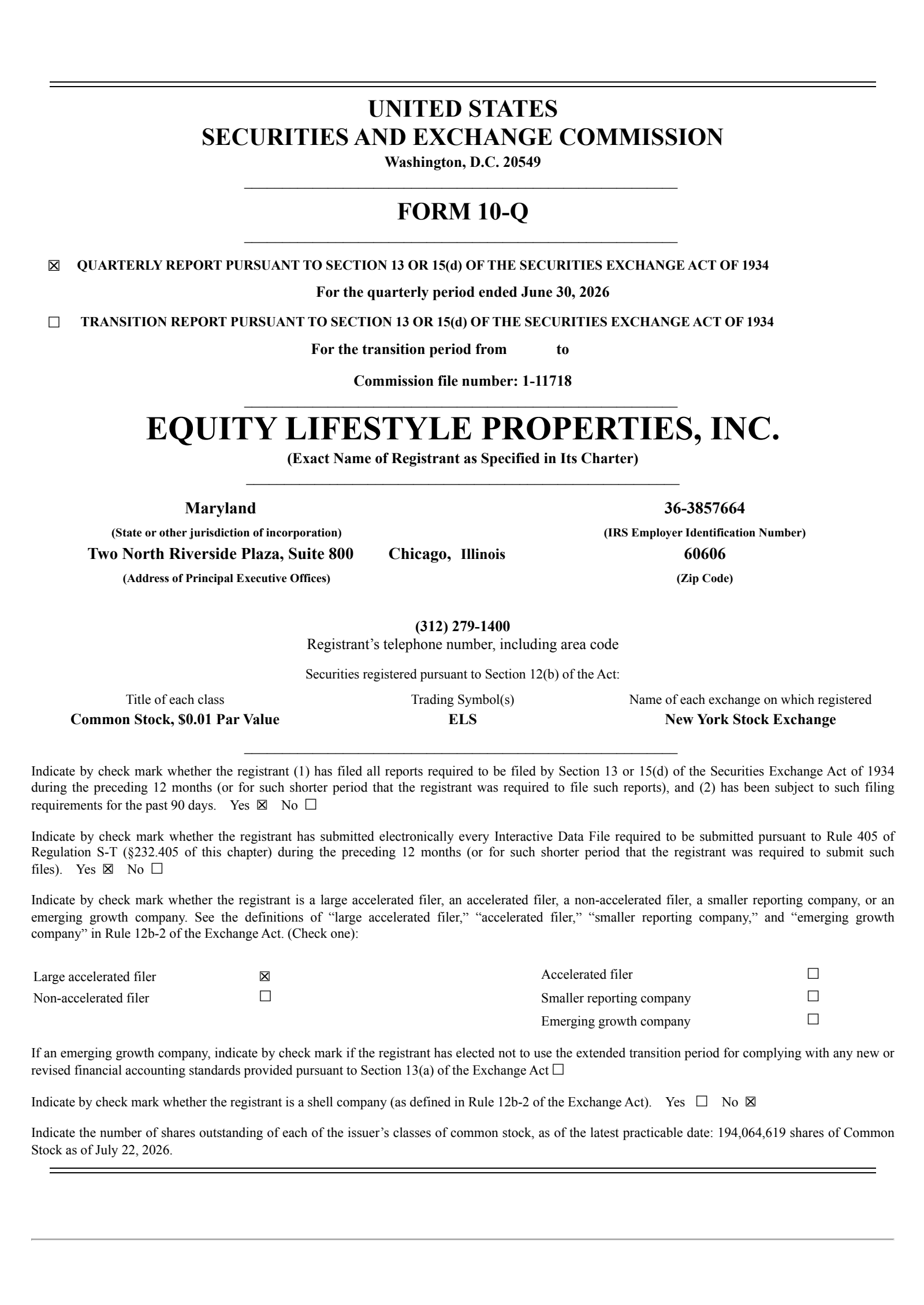 Equity Lifestyle Properties' Q2 2026 Quarterly report
