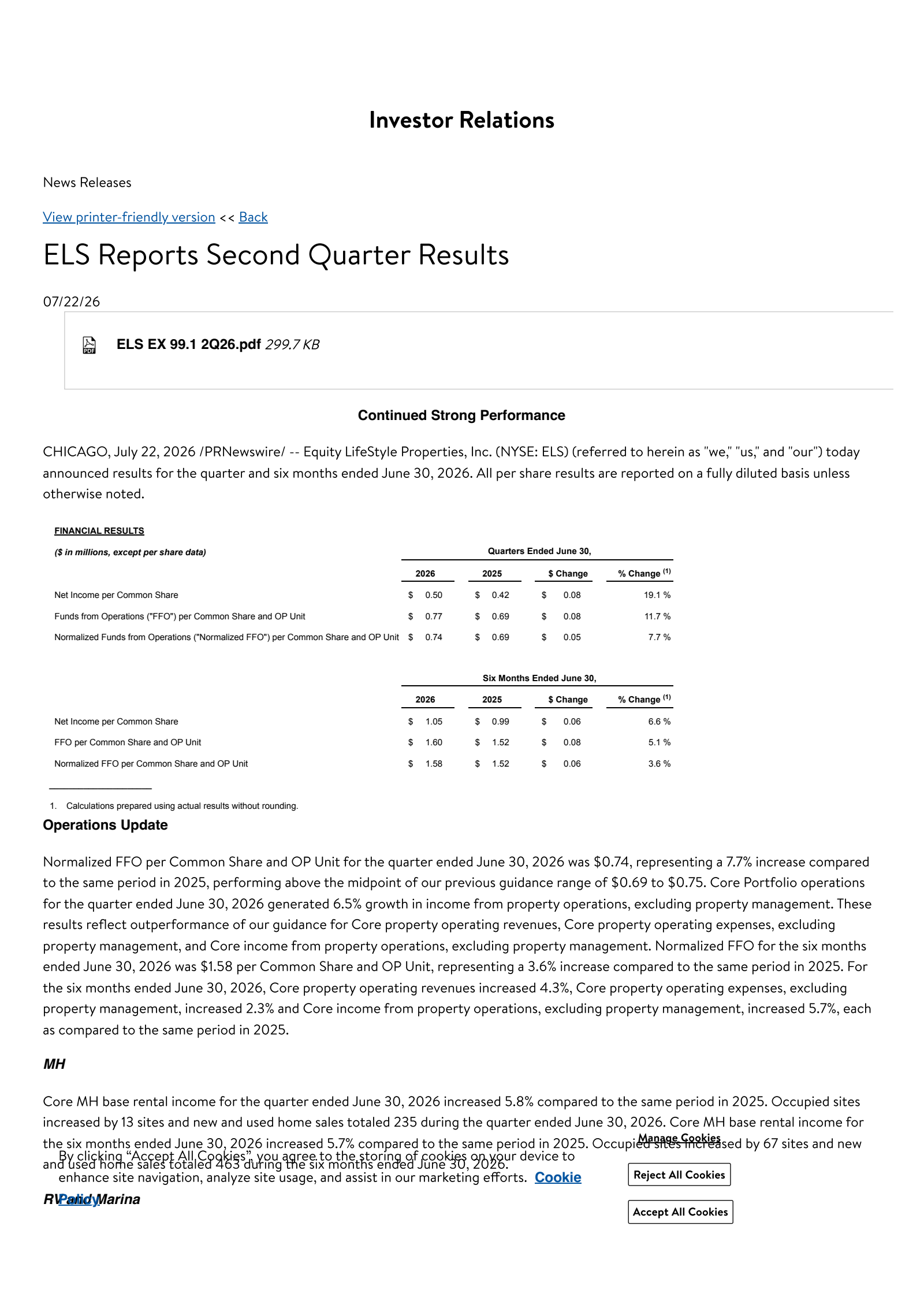 Equity Lifestyle Properties' Q2 2026 Press Release