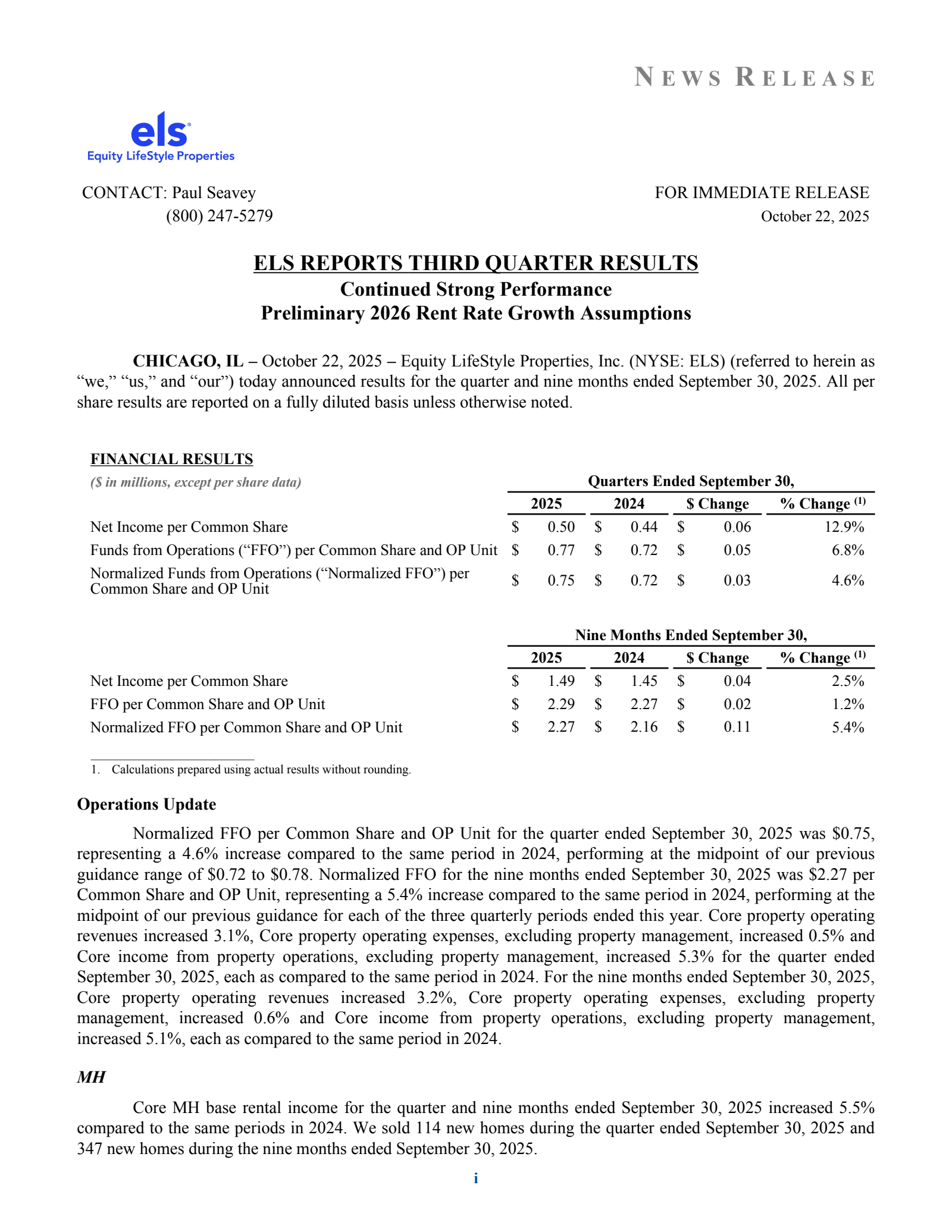 Equity Lifestyle Properties' Q3 2025 Earnings Release