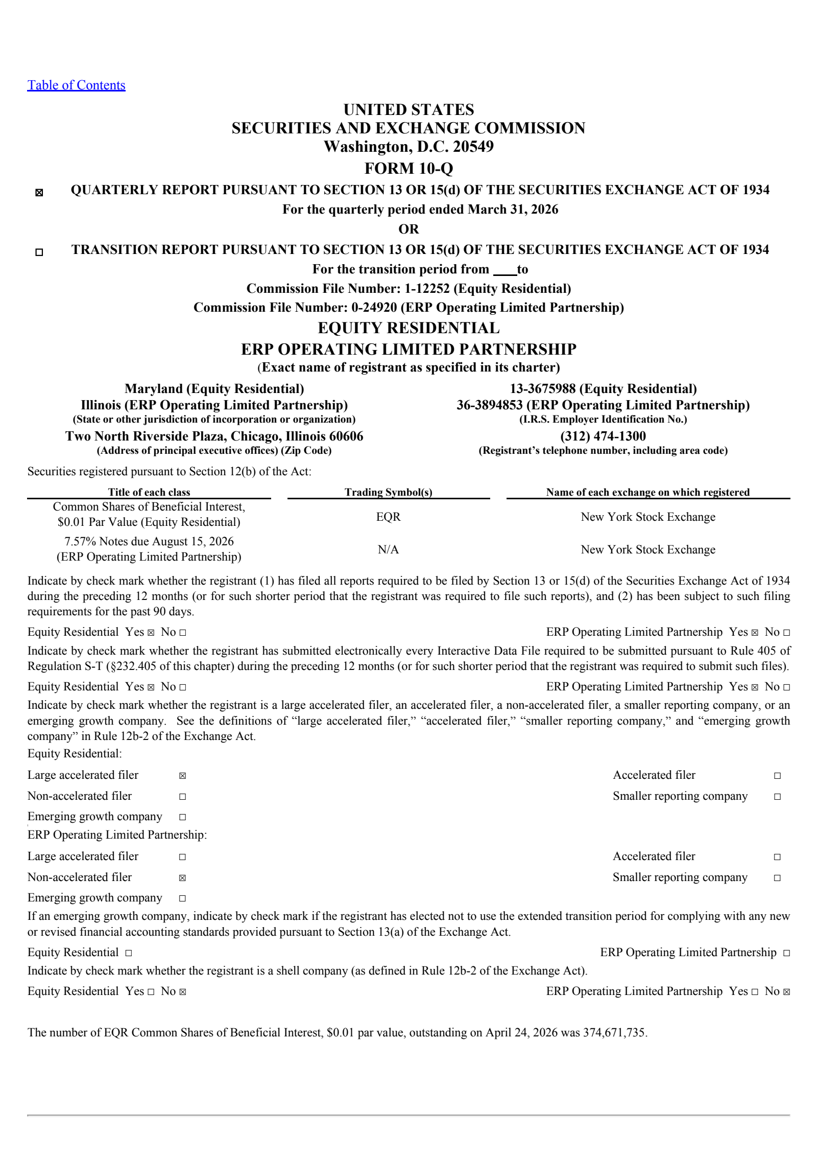 Equity Residential's Q1 2026 Quarterly report