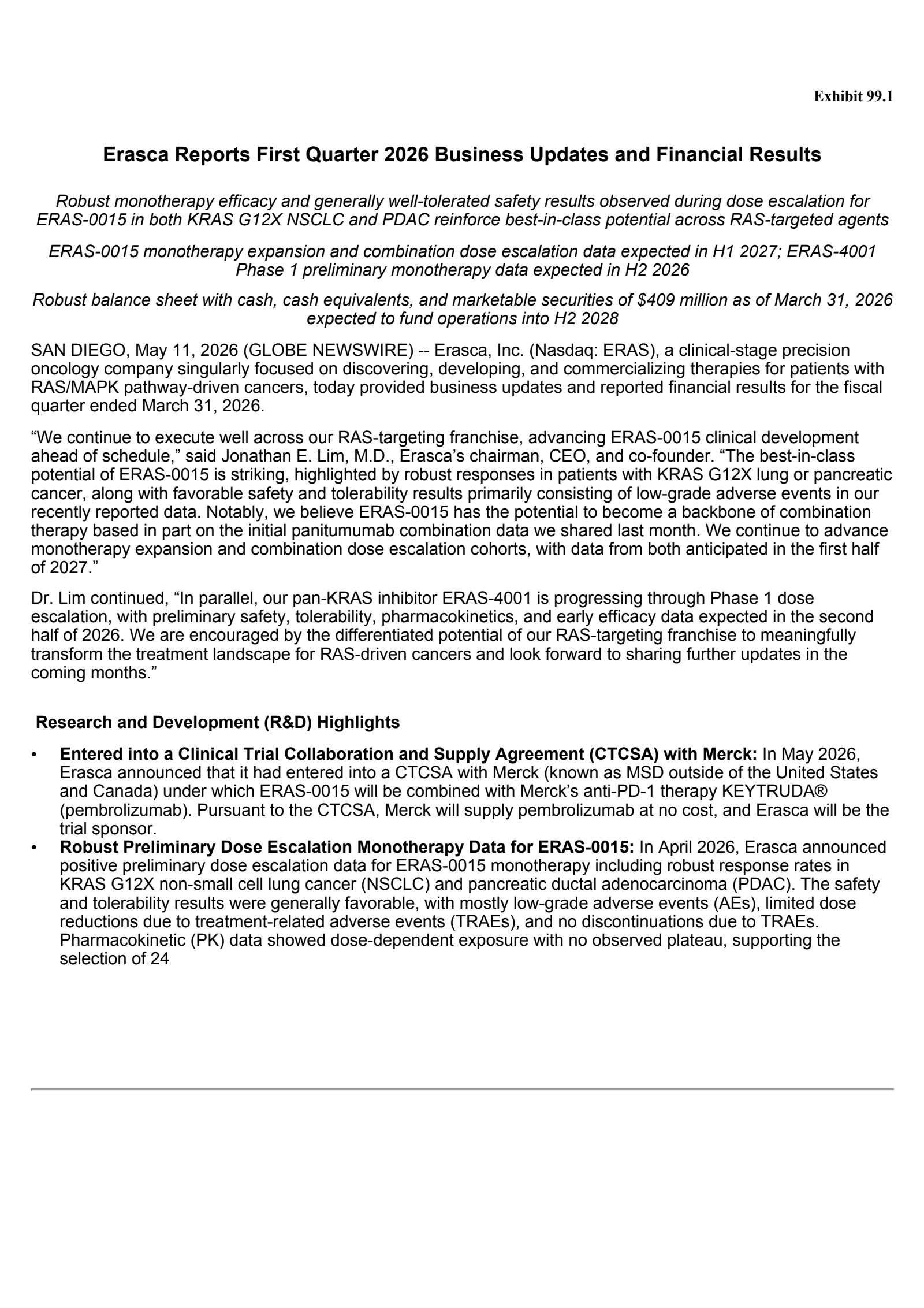 Erasca's Q1 2026 Press Release