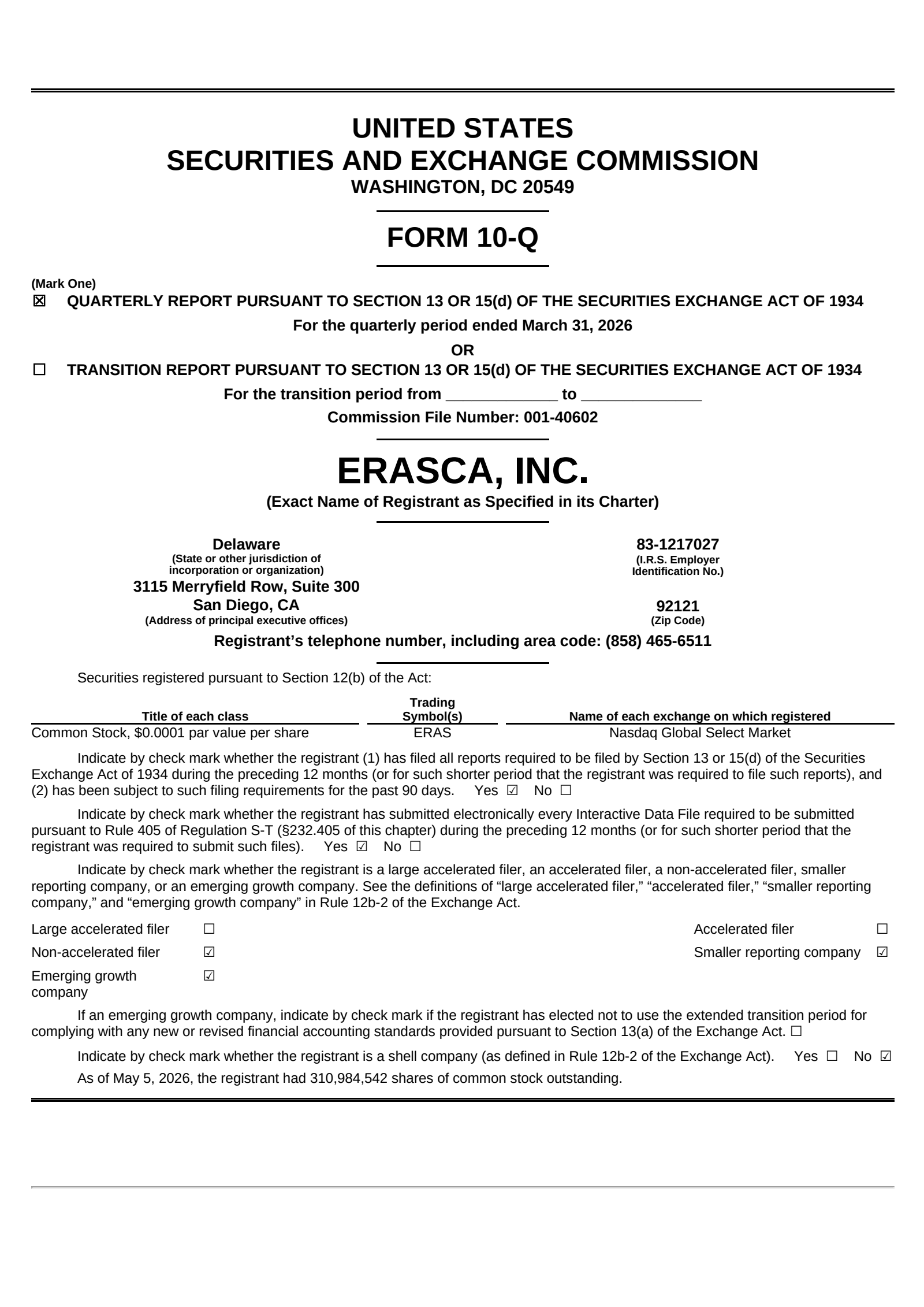 Erasca's Q1 2026 Quarterly report