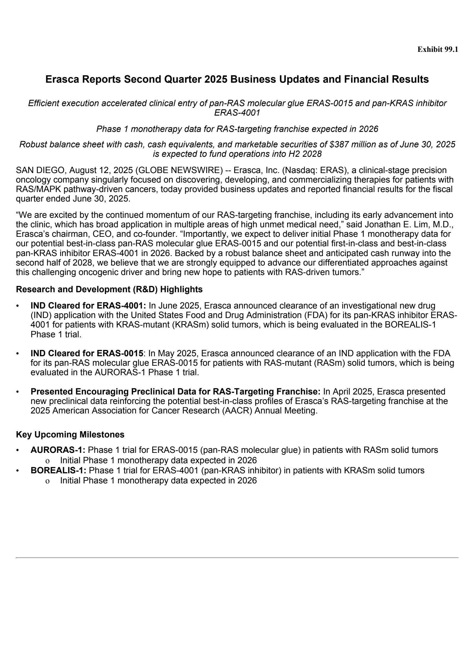 Erasca's Q2 2025 Press Release