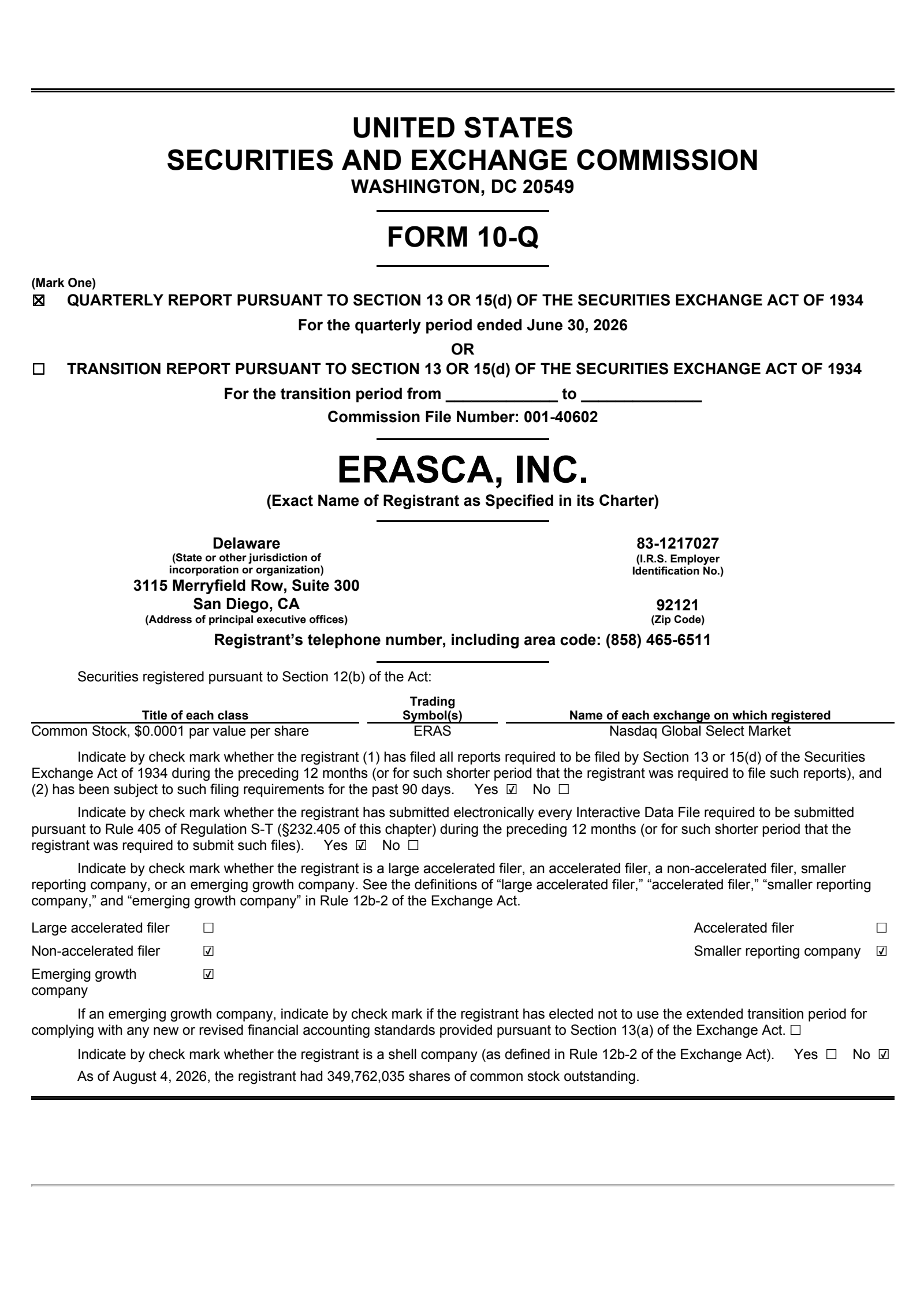 Erasca's Q2 2026 Quarterly report