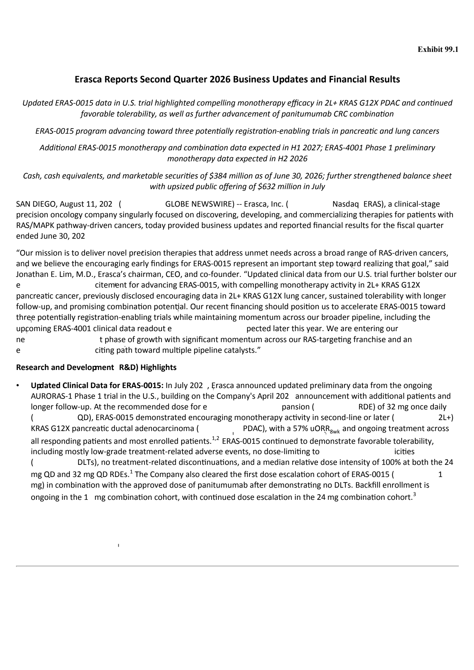 Erasca's Q2 2026 Press Release