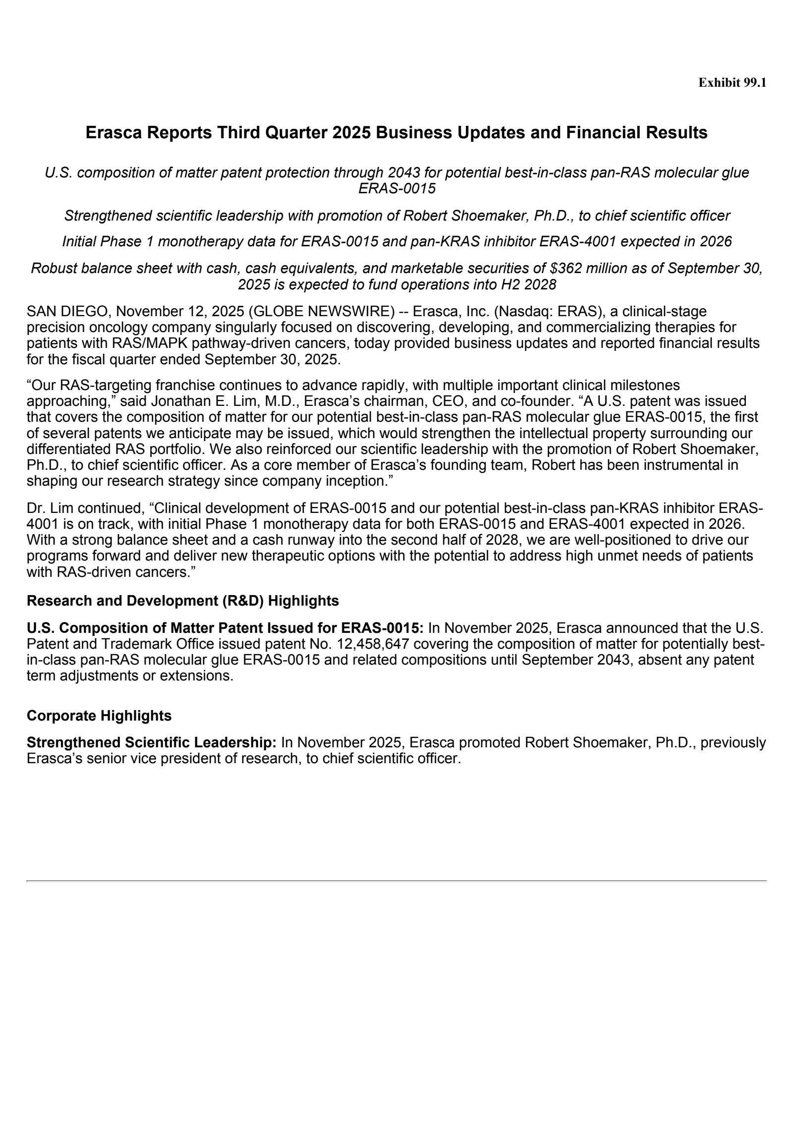 Erasca's Q3 2025 Earnings Release