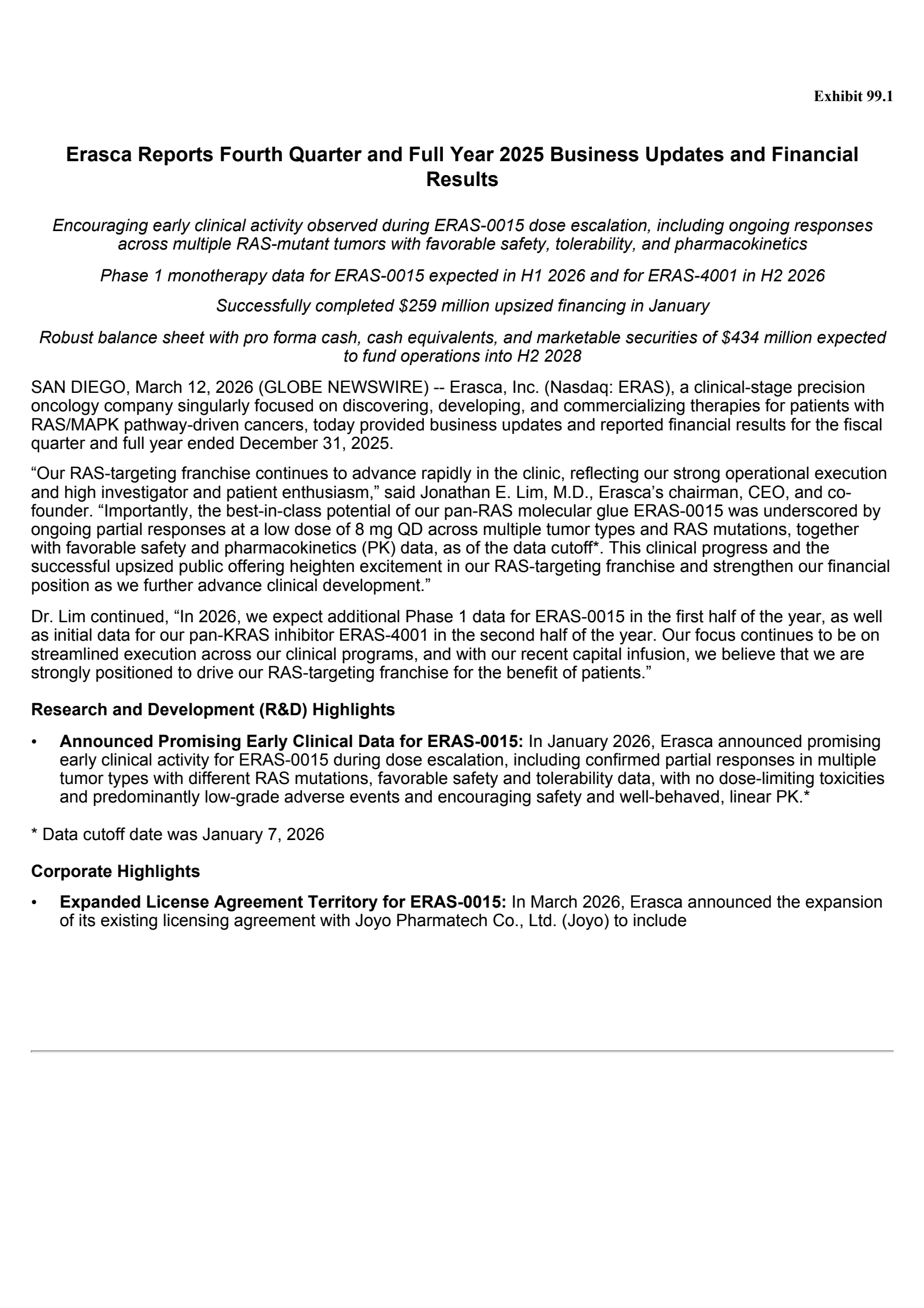 Erasca's Q4 2025 Press Release