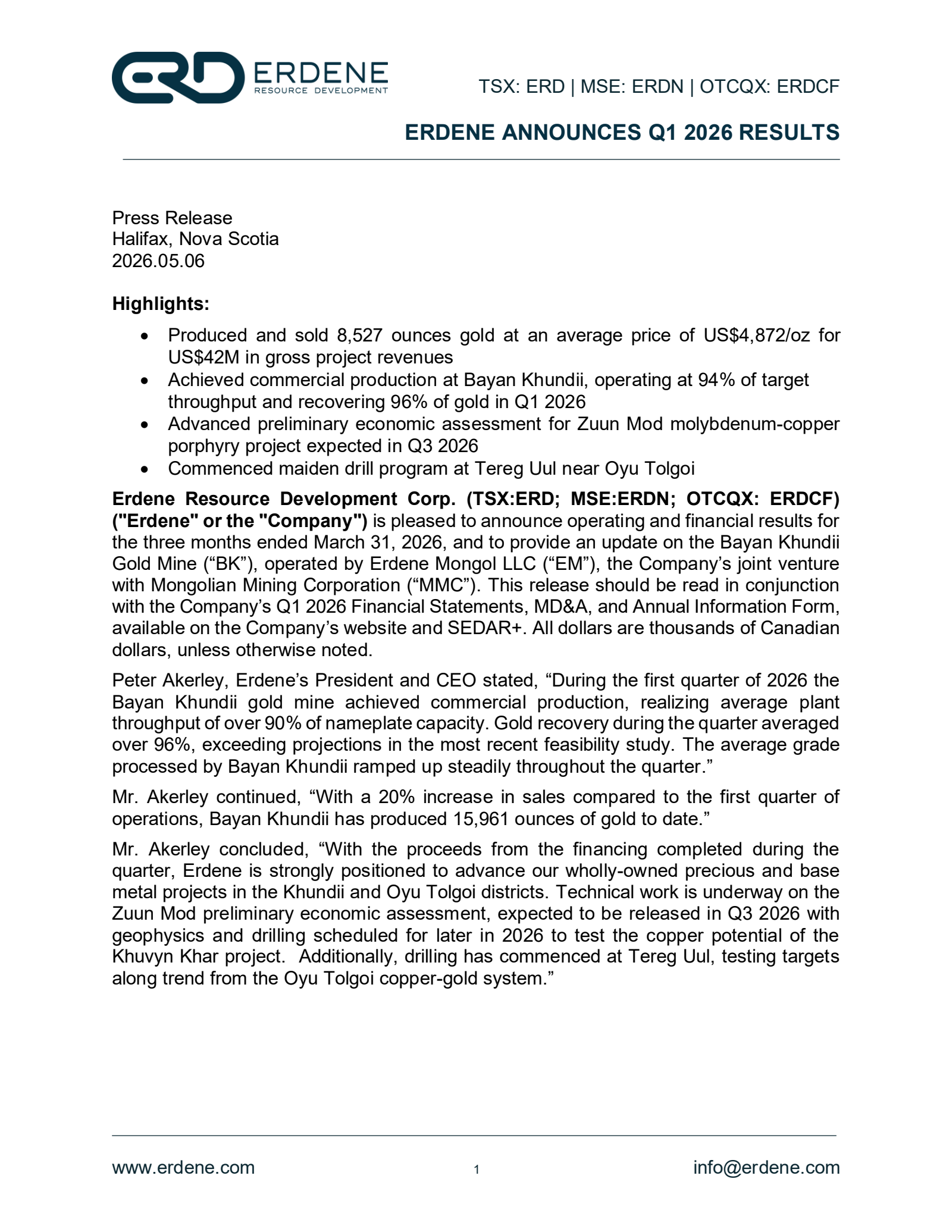 Erdene Resource Development's Q1 2026 Press Release