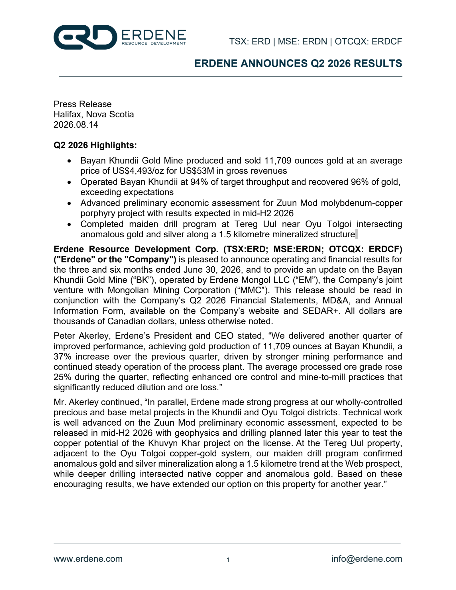 Erdene Resource Development's Q2 2026 Press Release