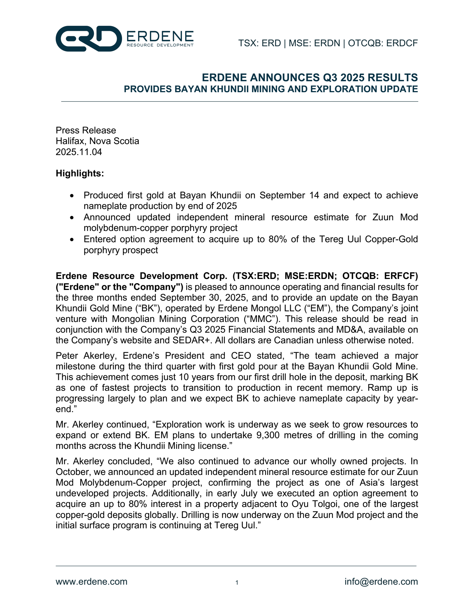 Erdene Resource Development's Q3 2025 Earnings Release