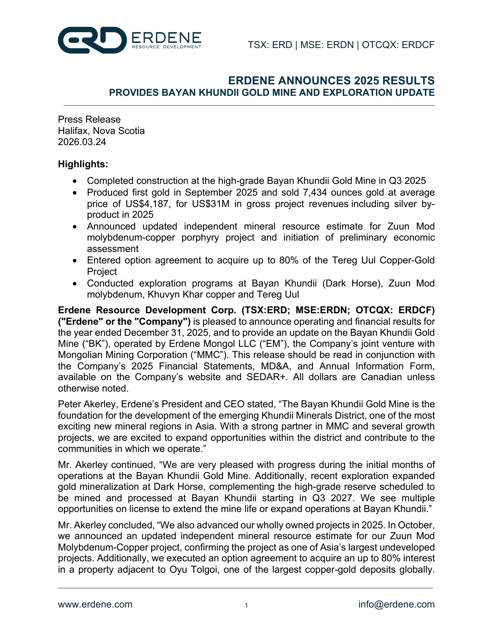 Erdene Resource Development's Q4 2025 Press Release