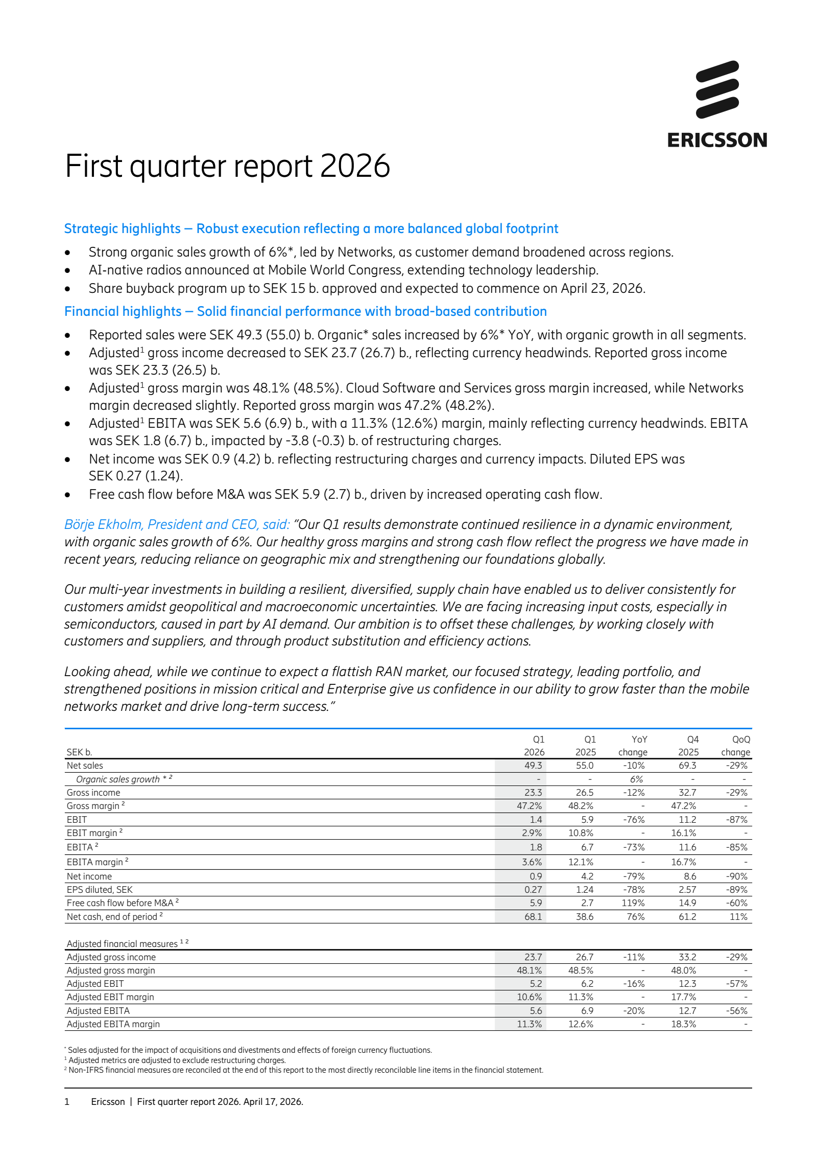 Ericsson's Q1 2026 Interim report