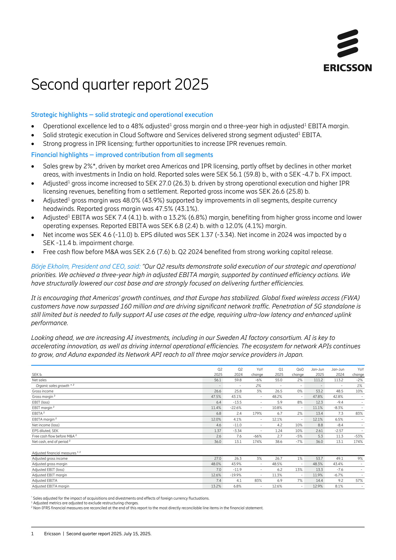 Ericsson's Q2 2025 Interim report